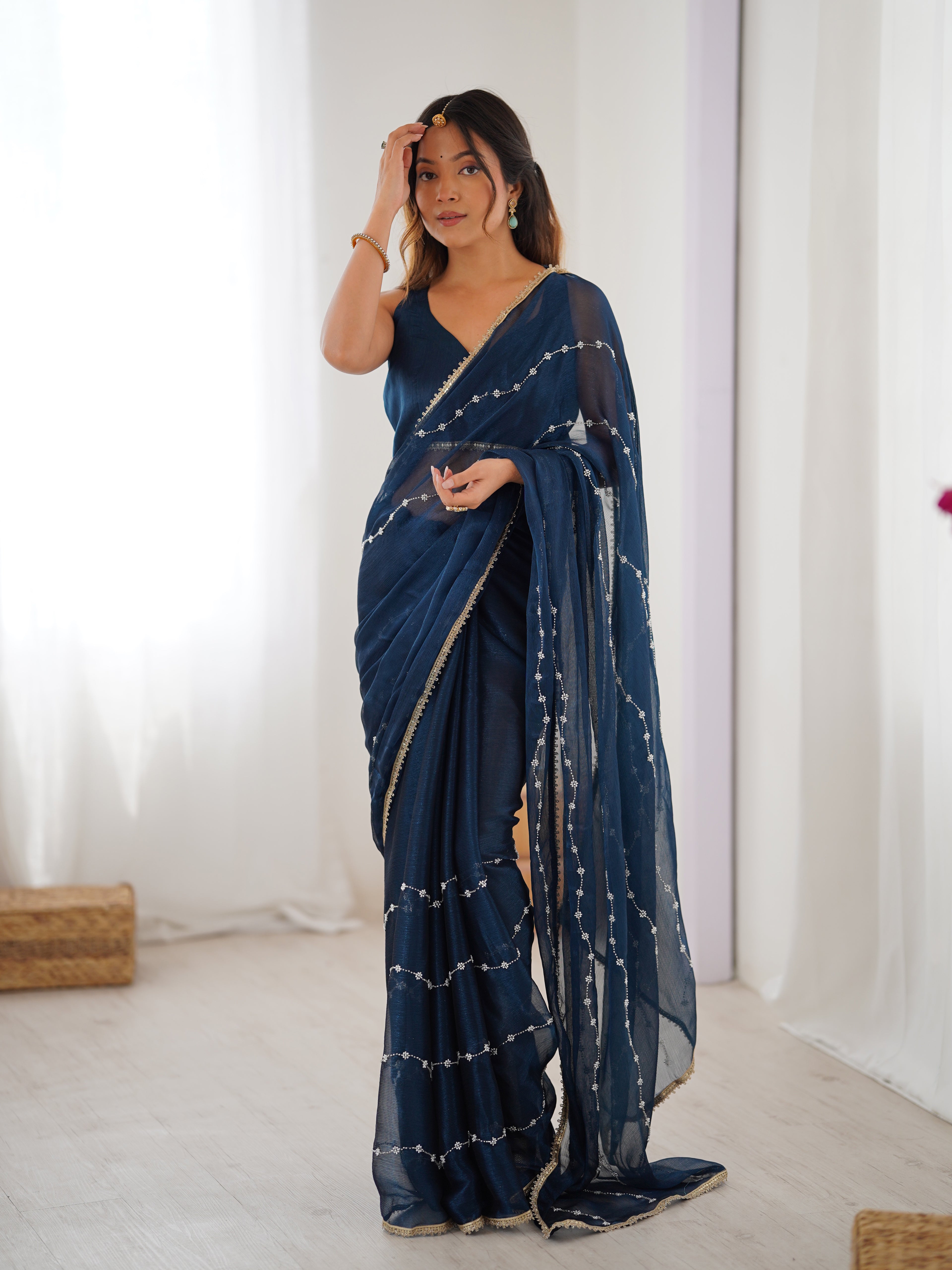 Deep Petrol Sitara Chiffon Saree | Beads Moti & Val Sequance Embroidery with Lace Border