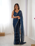 Mystical Petrol Sitara Chiffon Saree | Designer Beads Moti & Val Sequance Work