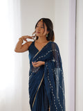 Deep Petrol Sitara Chiffon Saree | Beads Moti & Val Sequance Embroidery with Lace Border
