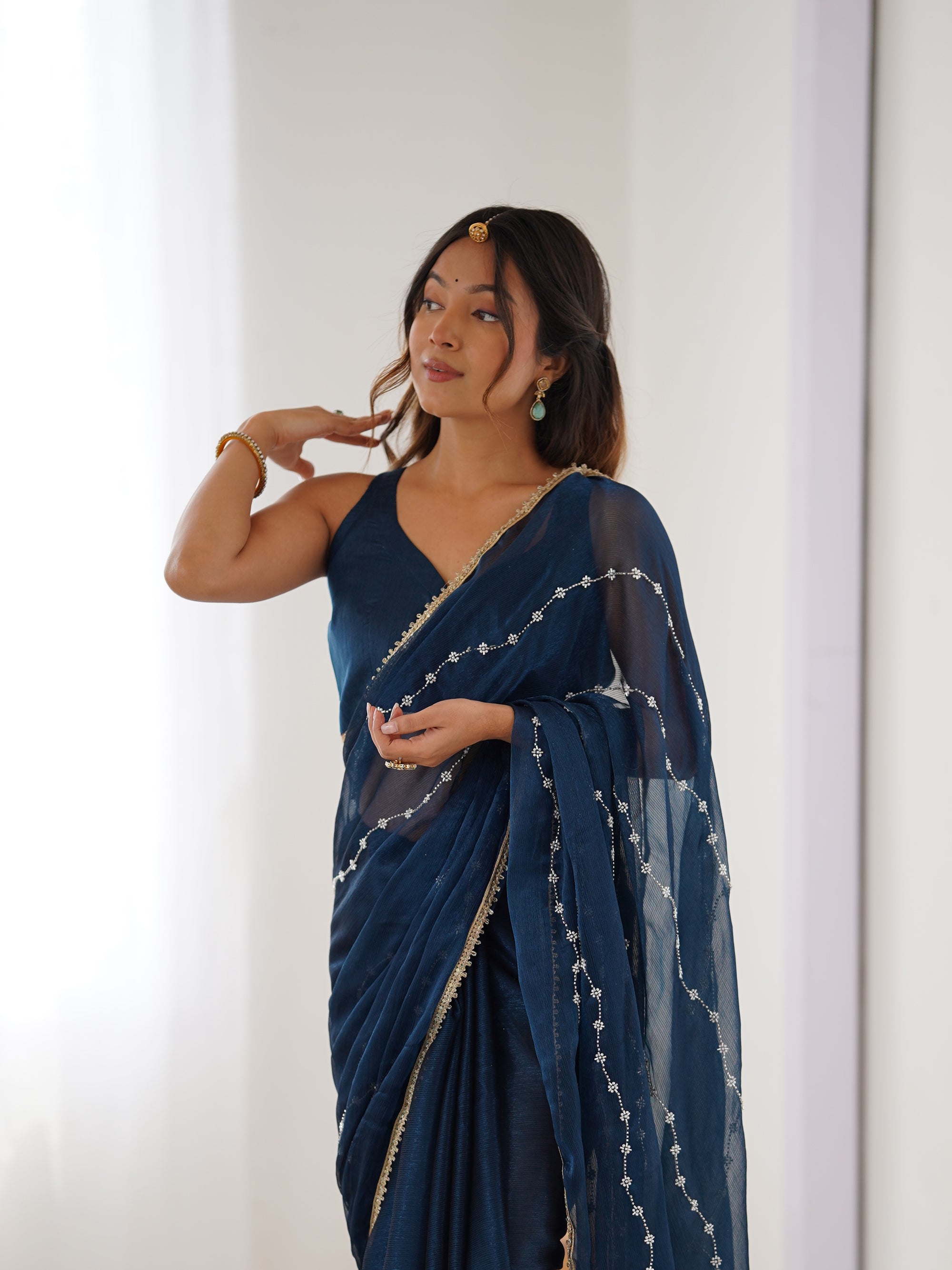 Deep Petrol Sitara Chiffon Saree | Beads Moti & Val Sequance Embroidery with Lace Border