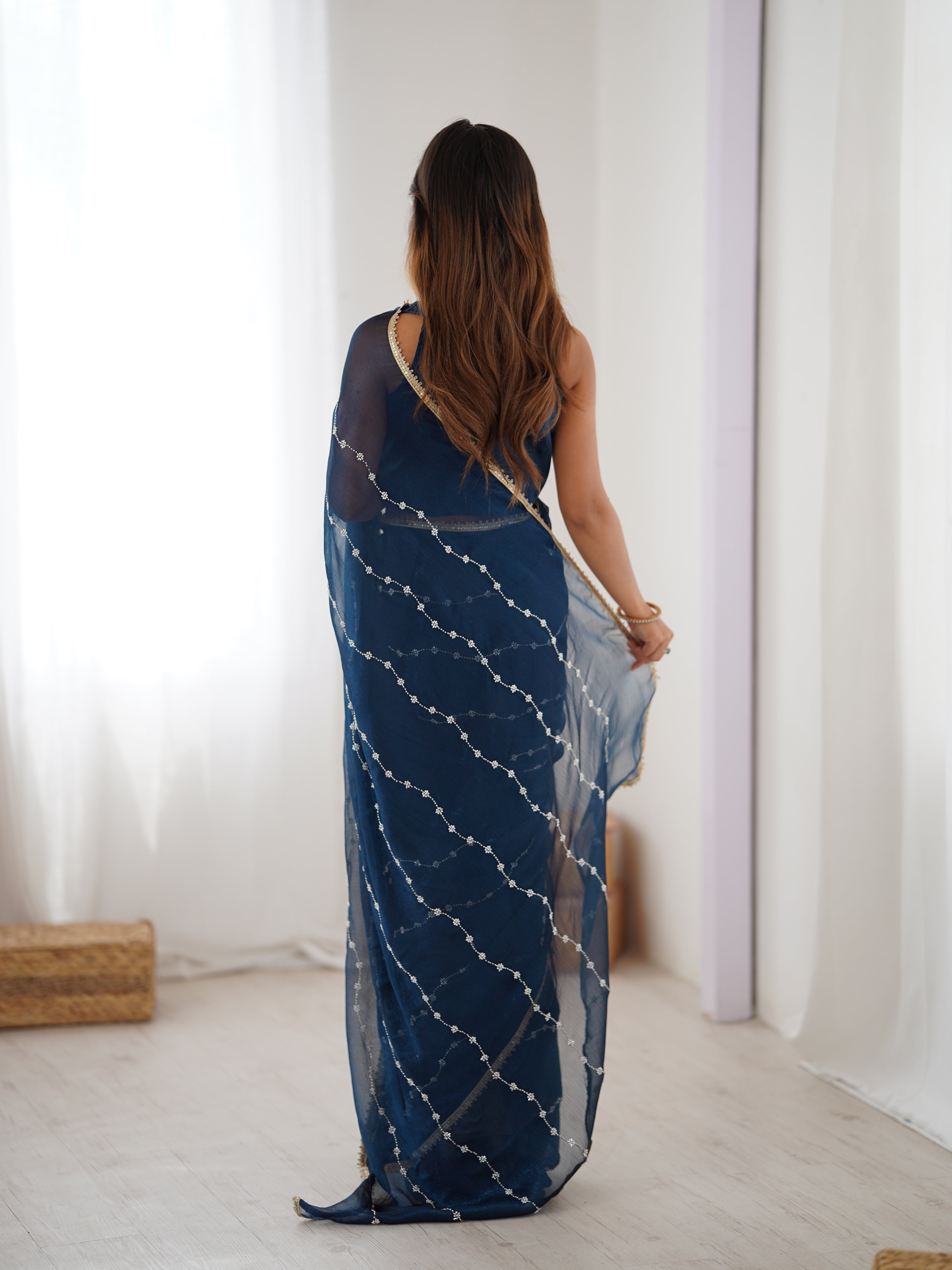 Mystical Petrol Sitara Chiffon Saree | Designer Beads Moti & Val Sequance Work