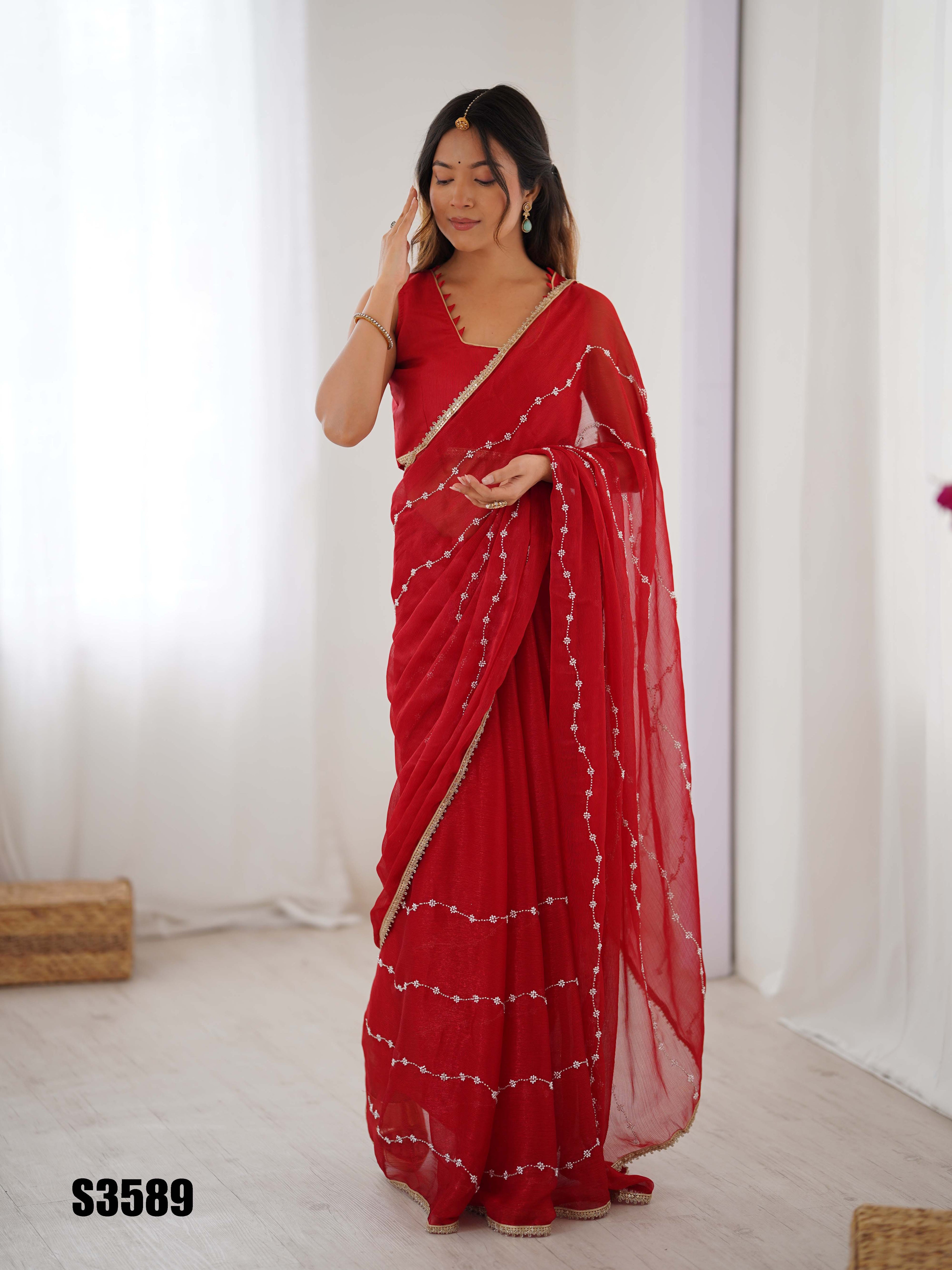 Passionate Red Sitara Chiffon Saree | Designer Beads Moti & Val Sequance Work