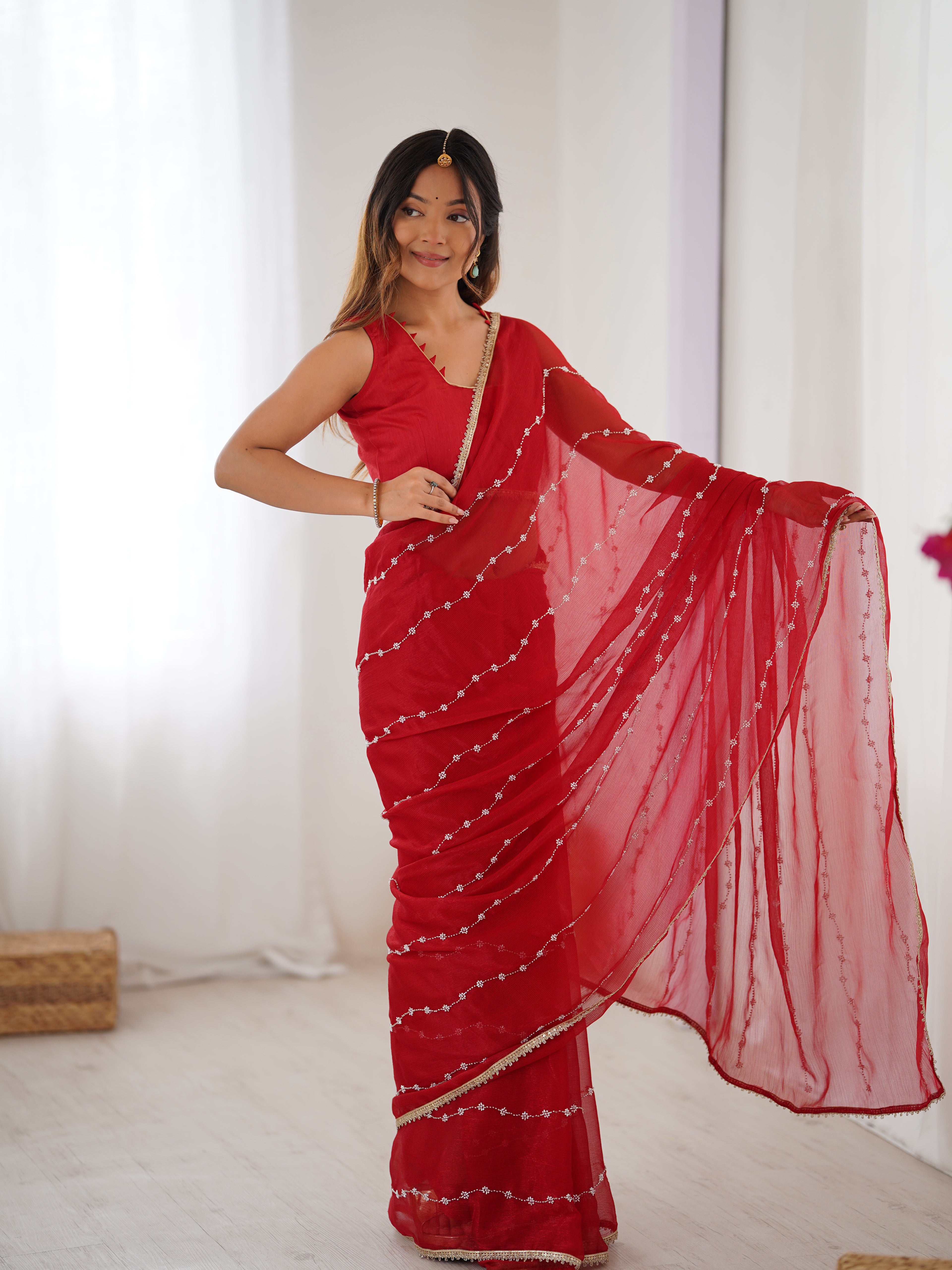 Classic Red Sitara Chiffon Saree | Beads Moti & Val Sequance Embroidery with Lace Border
