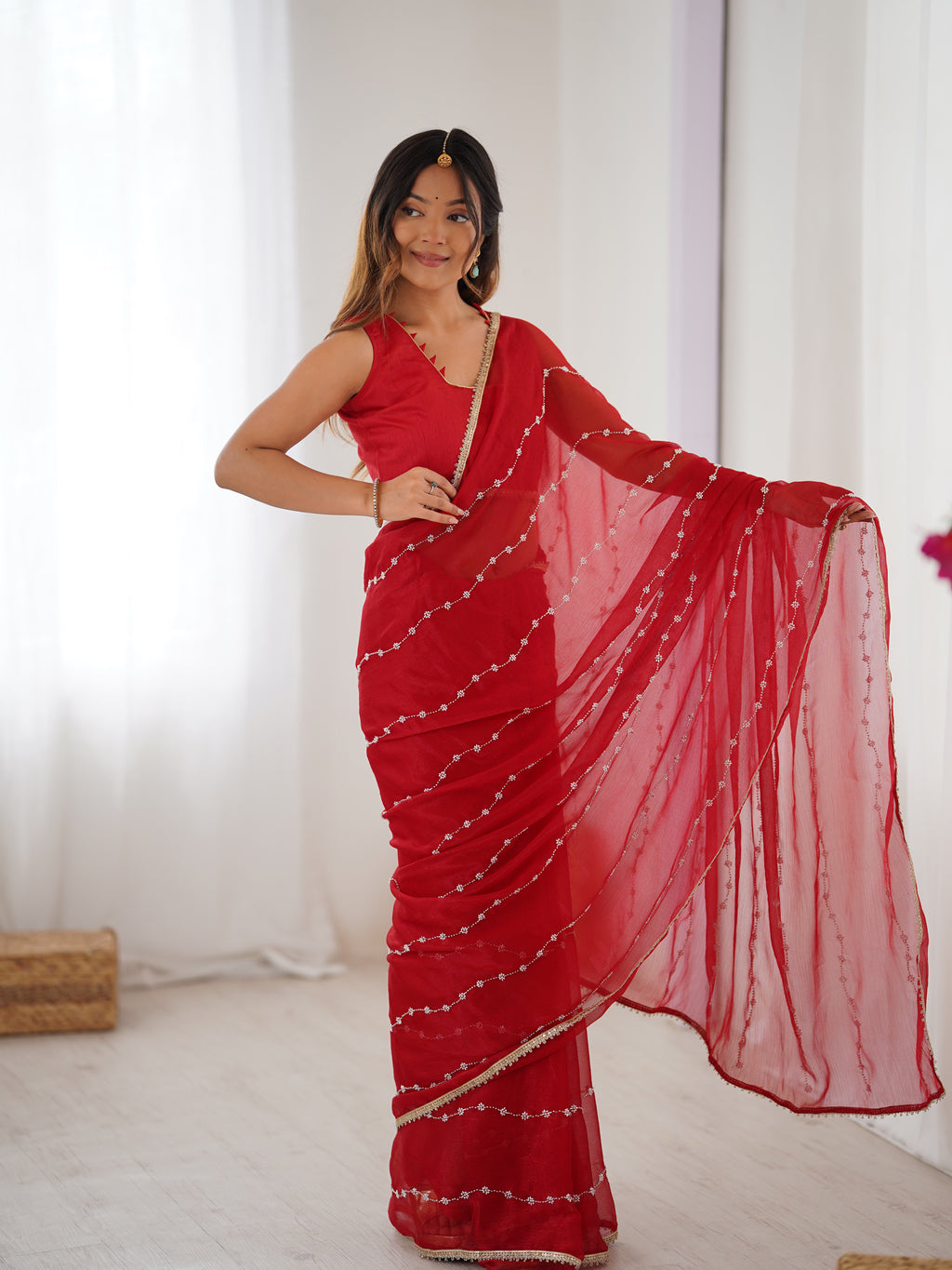 Passionate Red Sitara Chiffon Saree | Designer Beads Moti & Val Sequance Work