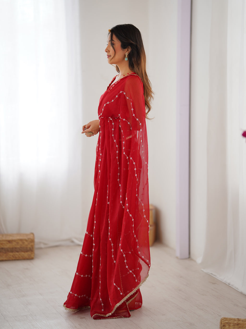 Classic Red Sitara Chiffon Saree | Beads Moti & Val Sequance Embroidery with Lace Border