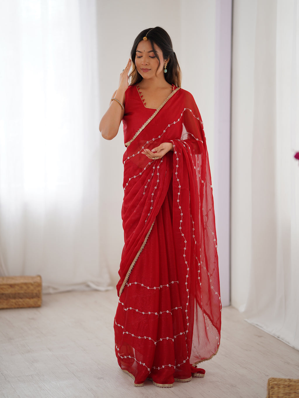 Classic Red Sitara Chiffon Saree | Beads Moti & Val Sequance Embroidery with Lace Border