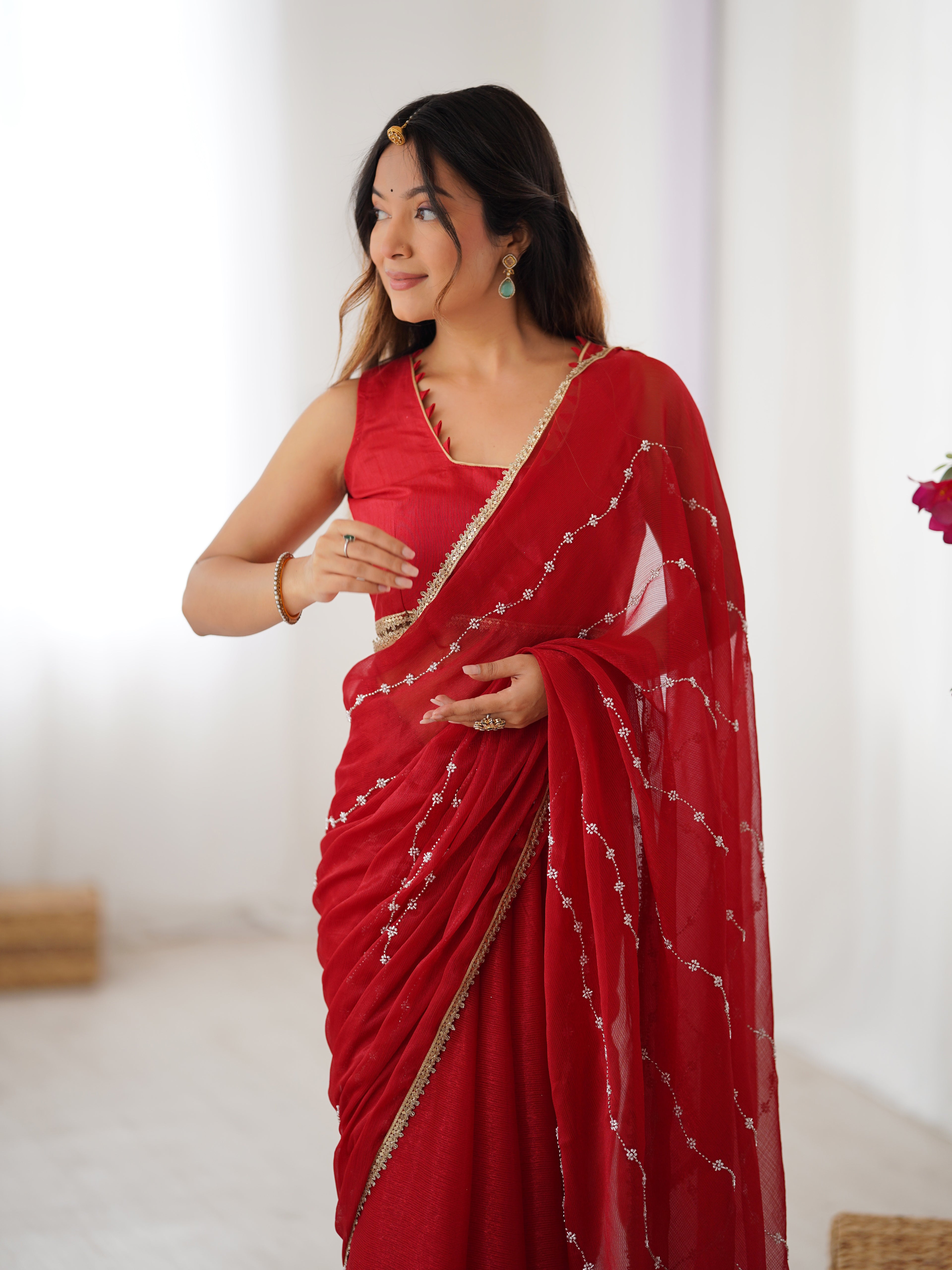 Classic Red Sitara Chiffon Saree | Beads Moti & Val Sequance Embroidery with Lace Border