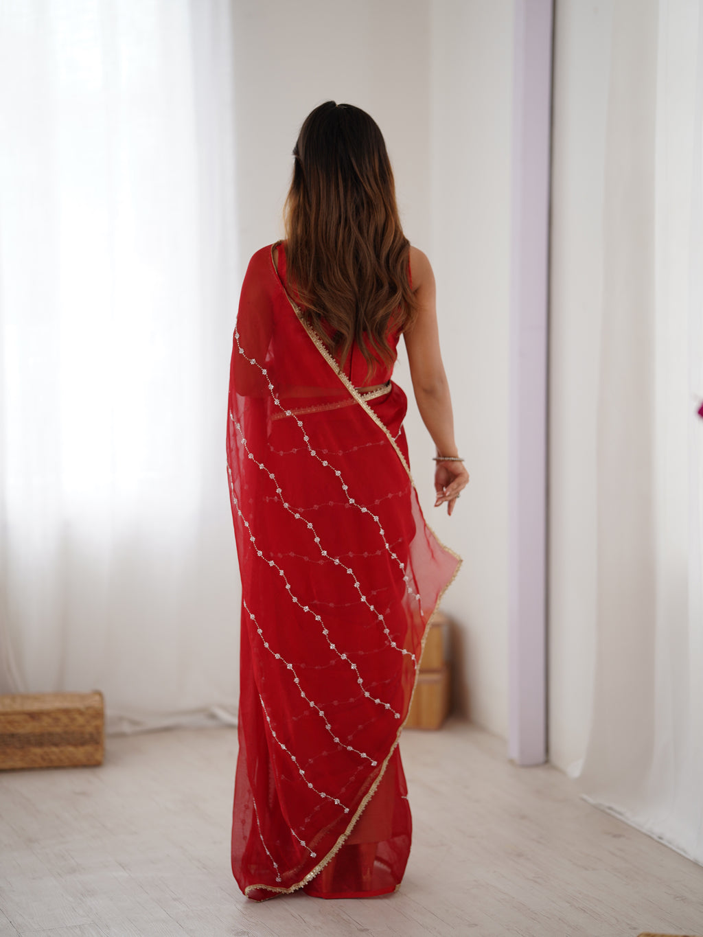Passionate Red Sitara Chiffon Saree | Designer Beads Moti & Val Sequance Work