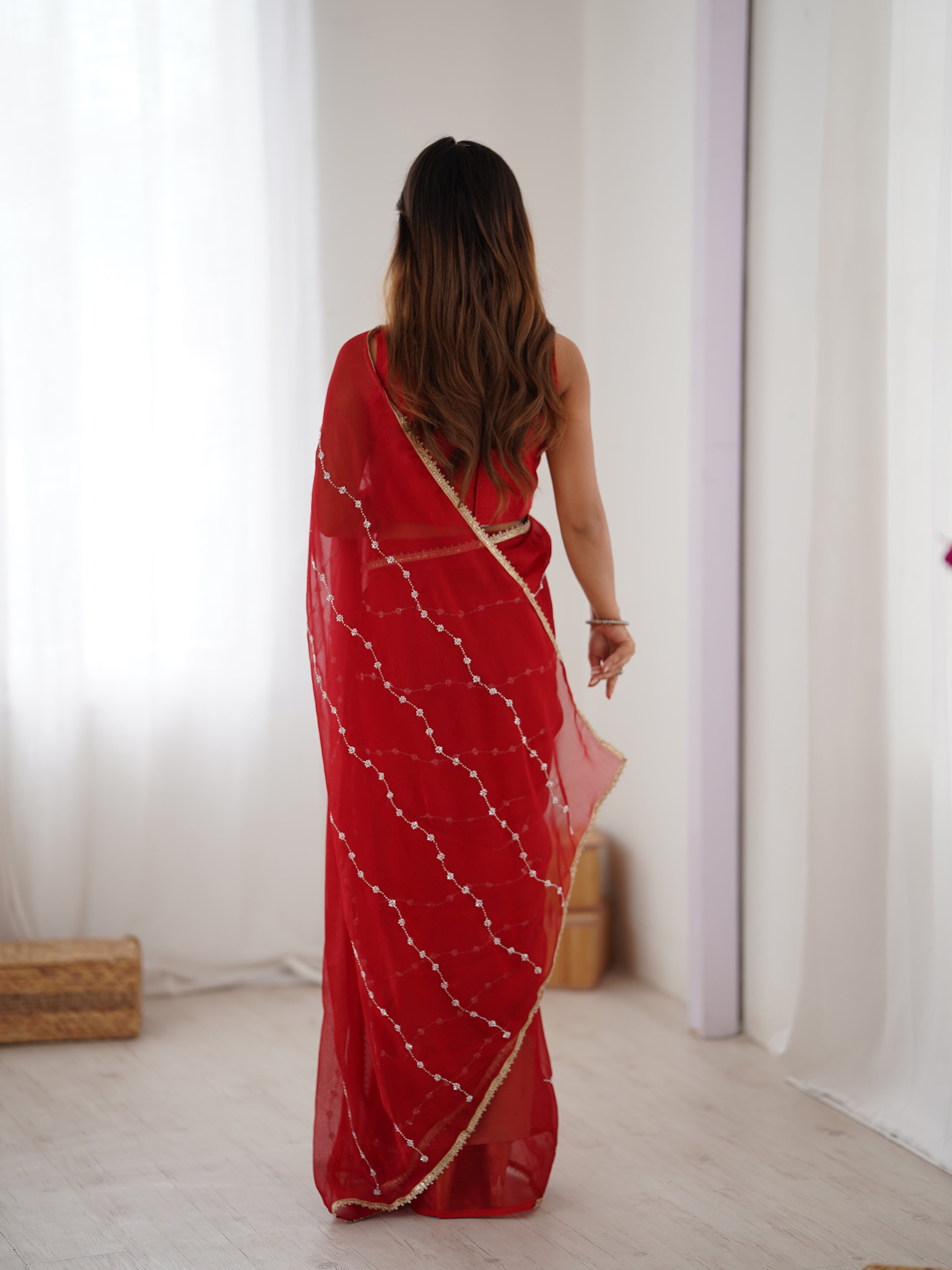 Passionate Red Sitara Chiffon Saree | Designer Beads Moti & Val Sequance Work