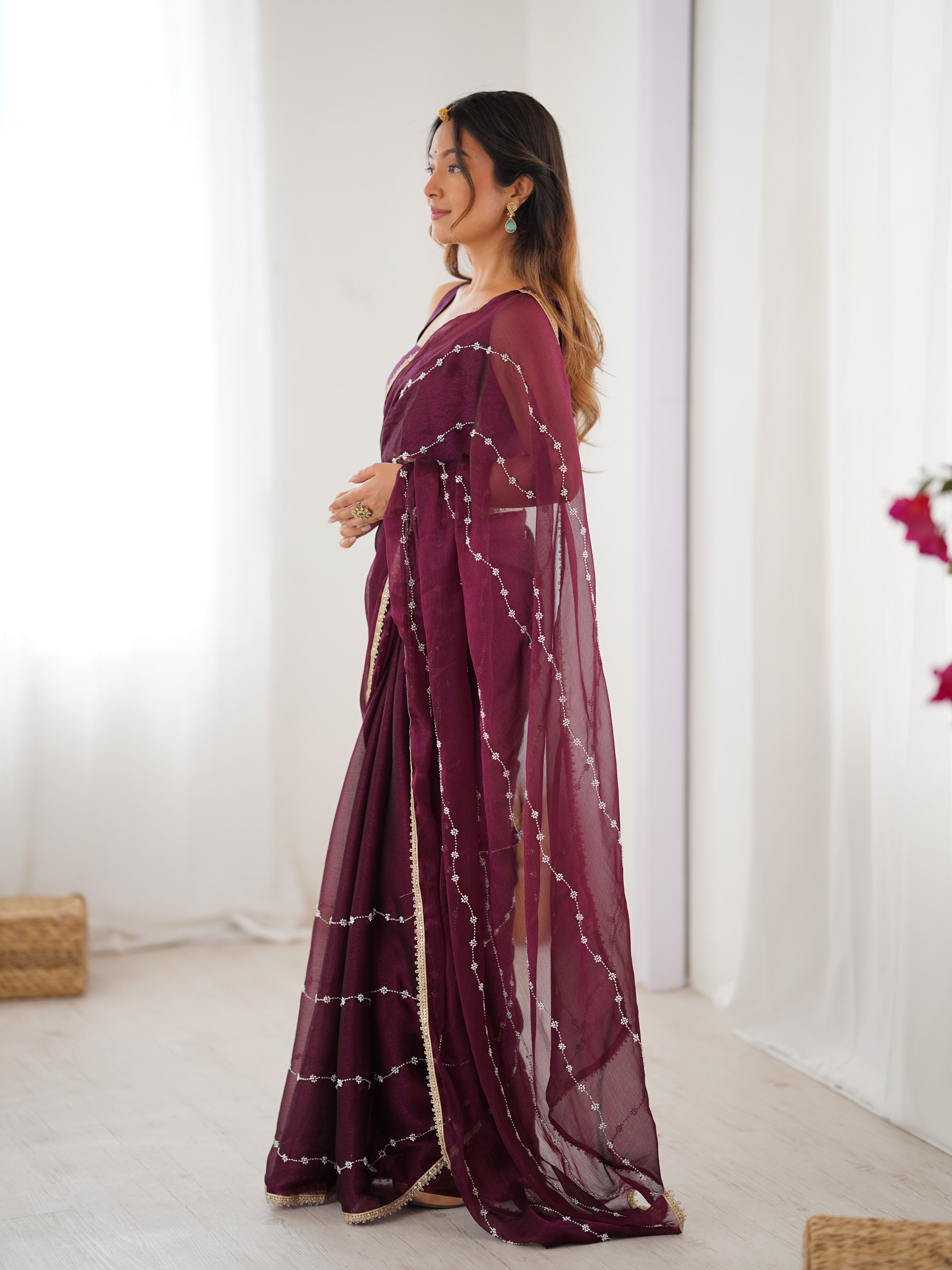 Rich Wine Sitara Chiffon Saree | Beads Moti & Val Sequance Embroidery with Lace Border