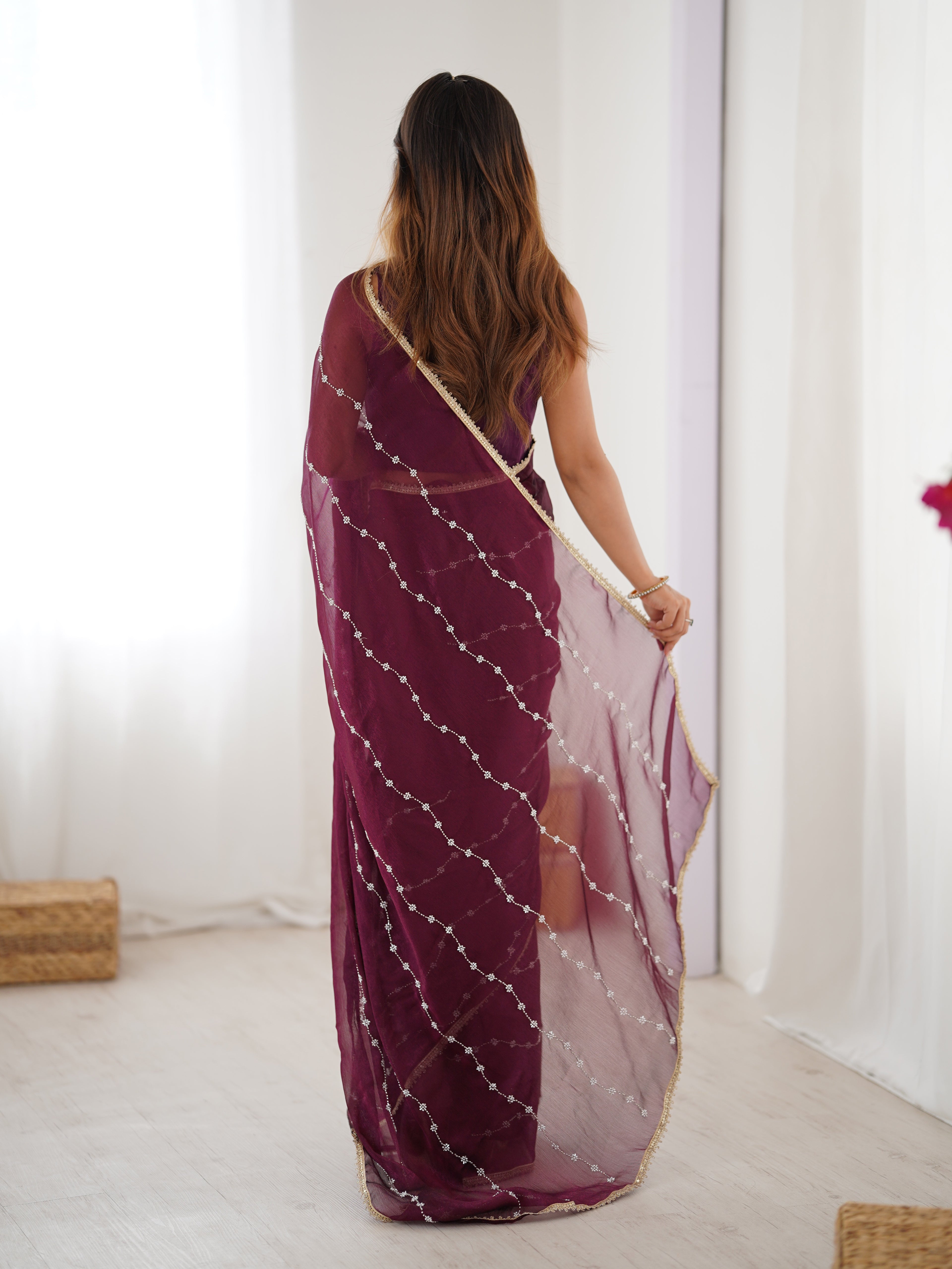 Rich Wine Sitara Chiffon Saree | Beads Moti & Val Sequance Embroidery with Lace Border