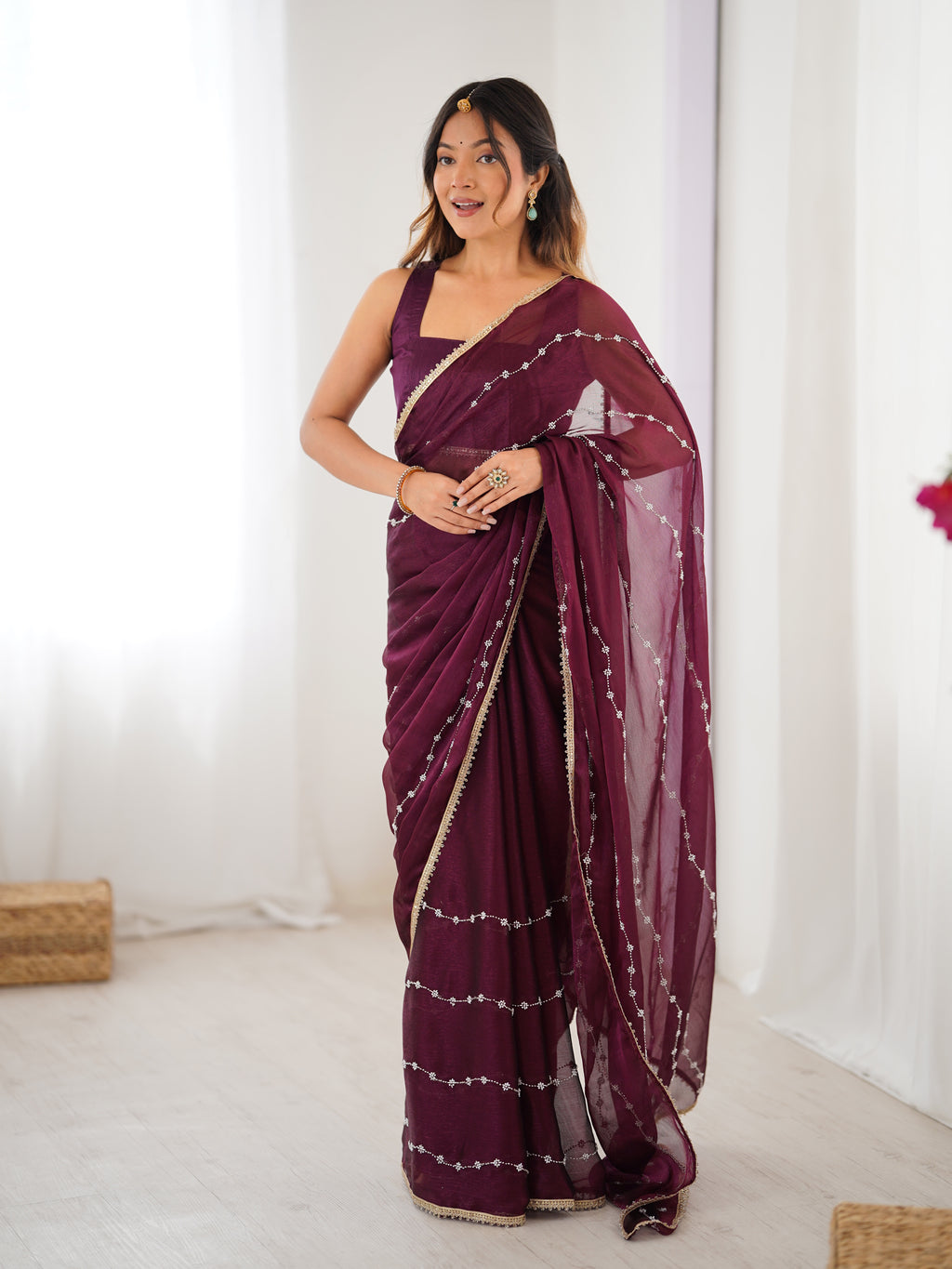 Royal Wine Sitara Chiffon Saree | Designer Beads Moti & Val Sequance Work