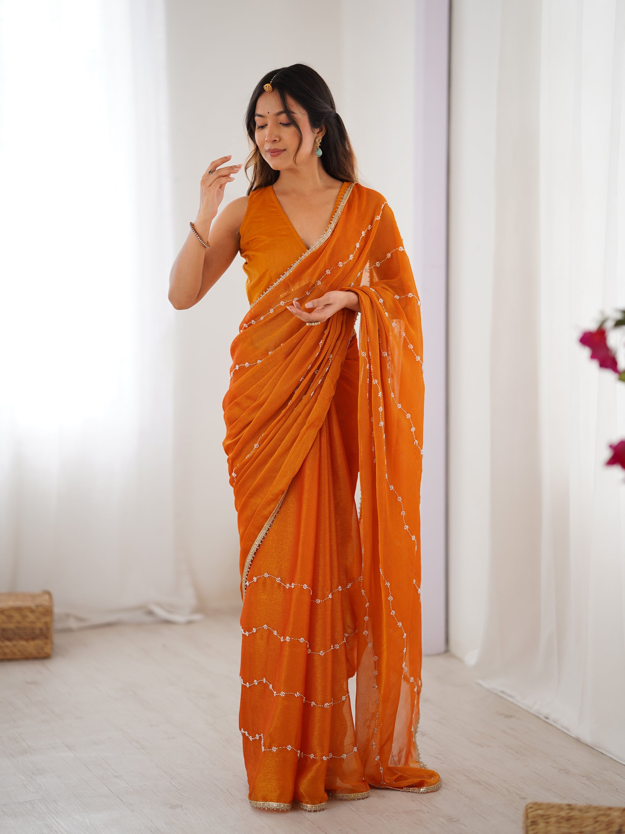 Sunny Yellow Sitara Chiffon Saree | Beads Moti & Val Sequance Embroidery with Lace Border