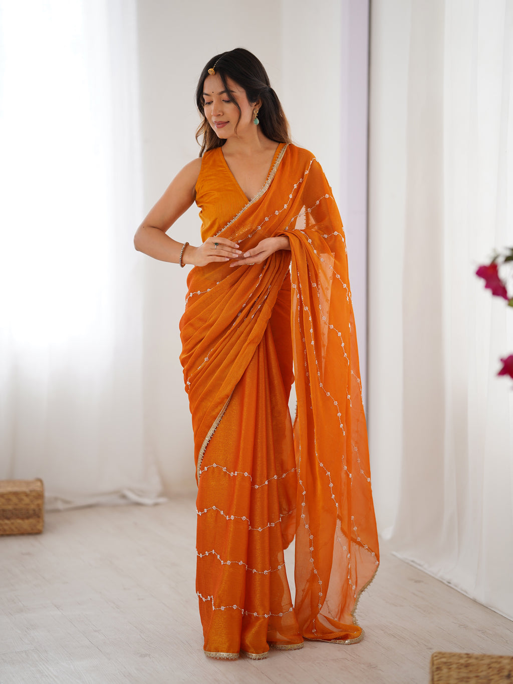 Sunny Yellow Sitara Chiffon Saree | Beads Moti & Val Sequance Embroidery with Lace Border