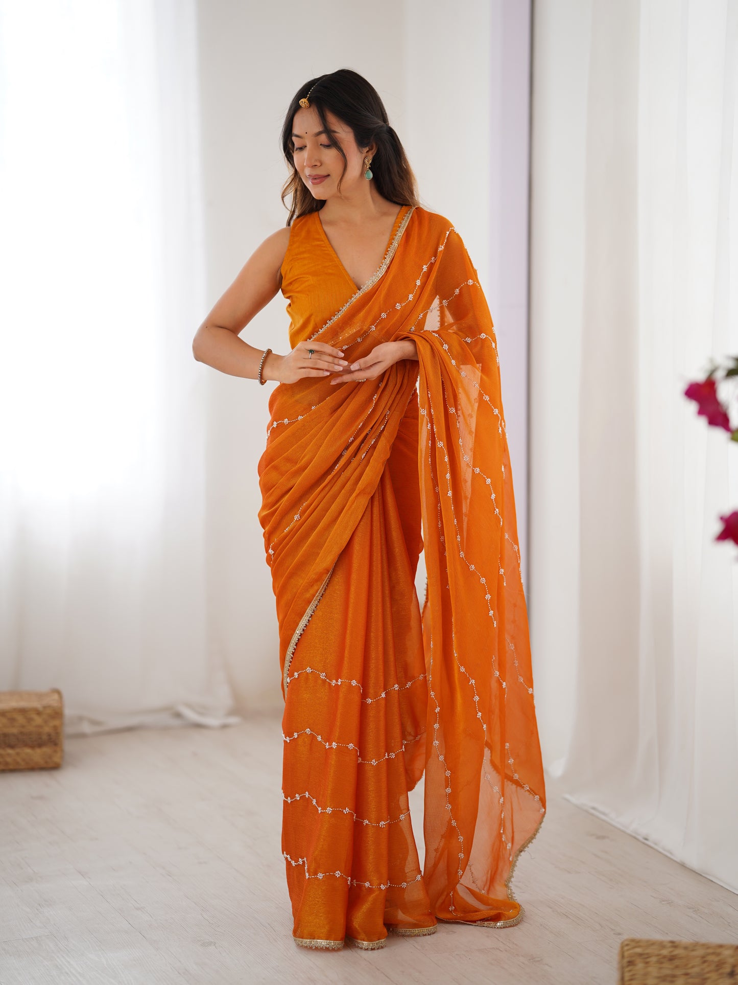 Sunny Yellow Sitara Chiffon Saree | Beads Moti & Val Sequance Embroidery with Lace Border