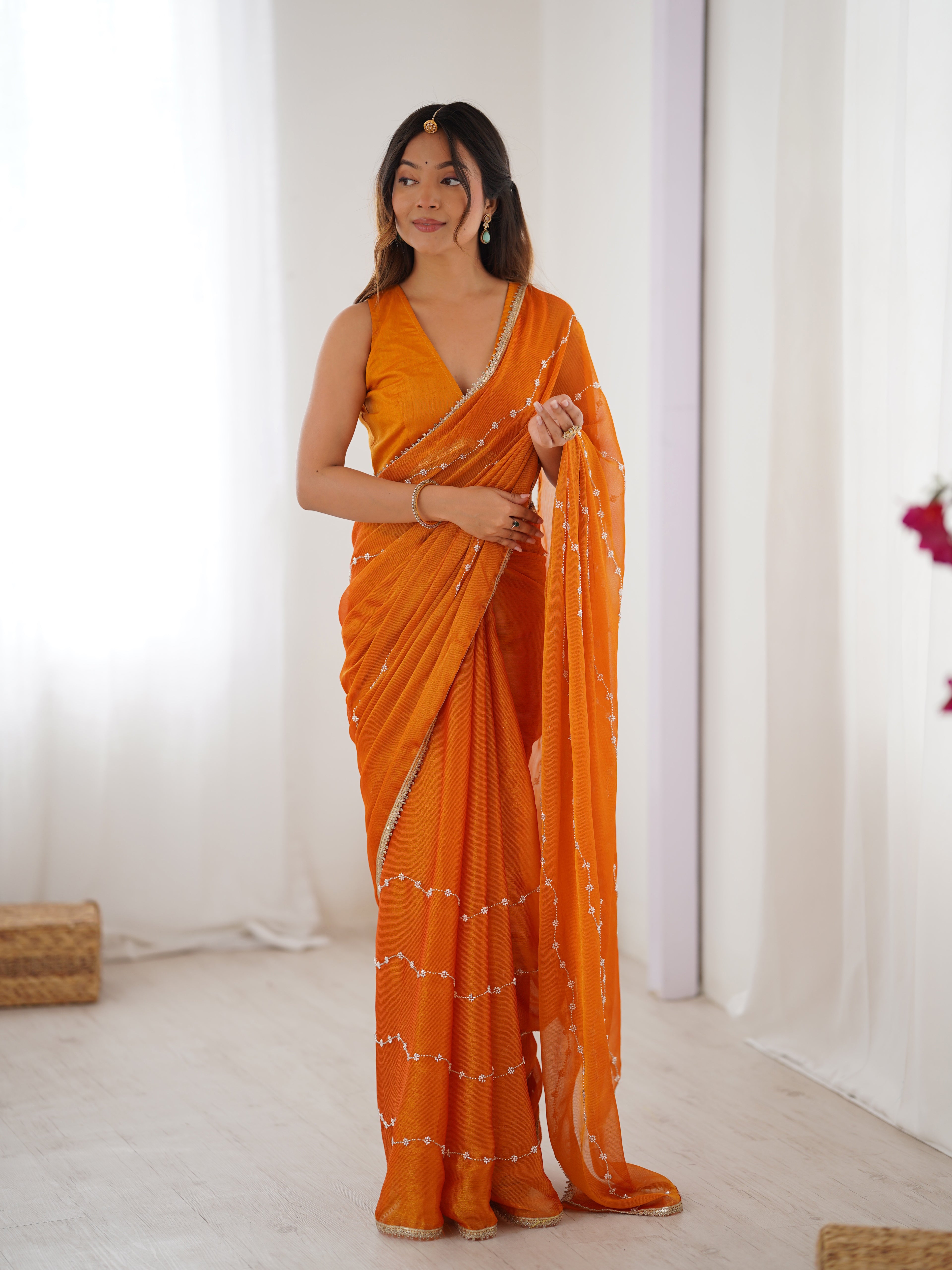 Sunny Yellow Sitara Chiffon Saree | Beads Moti & Val Sequance Embroidery with Lace Border