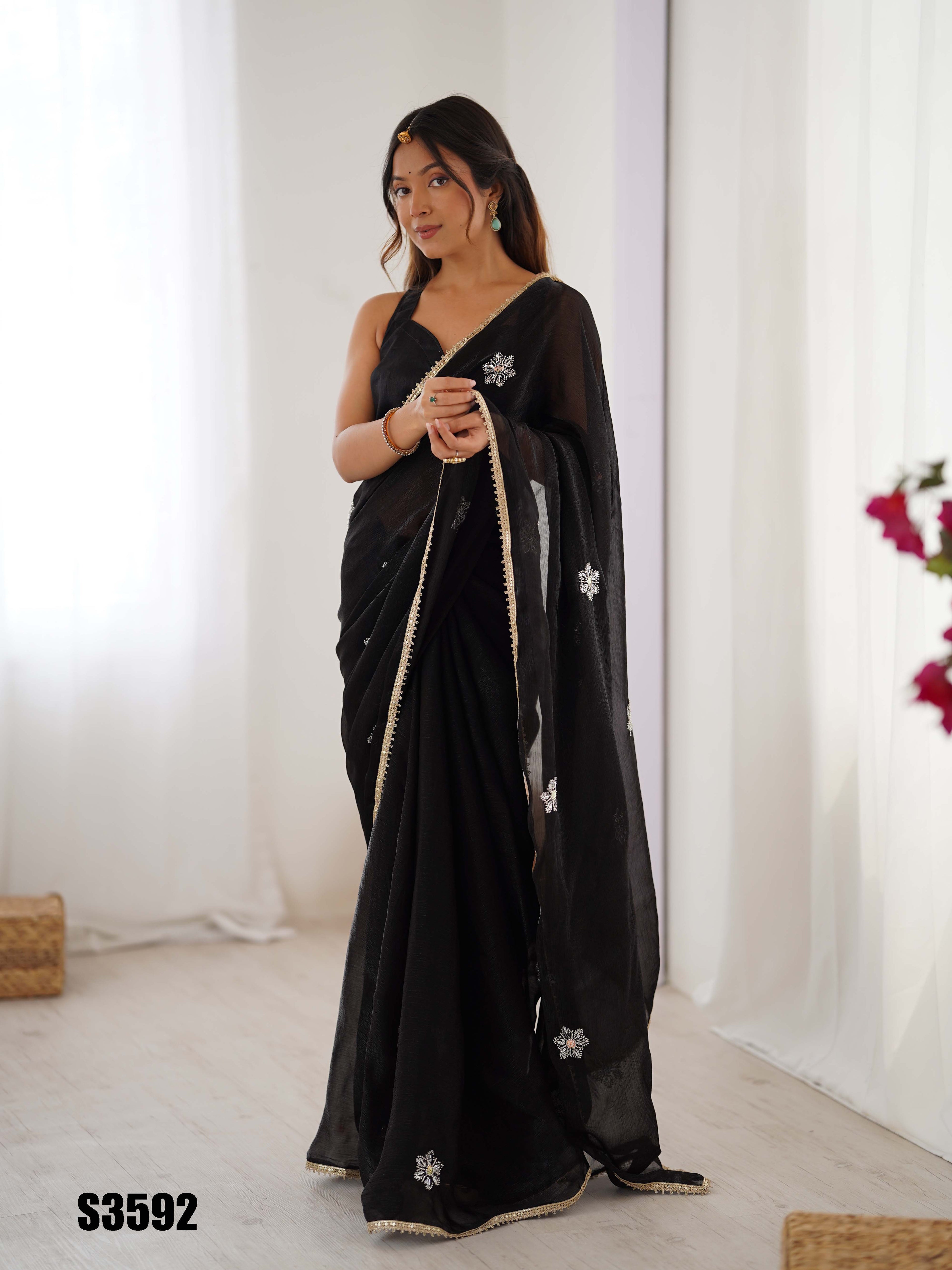 Black Fendy Party Wear Saree | Designer Beads Moti & Val Sequin Embroidery