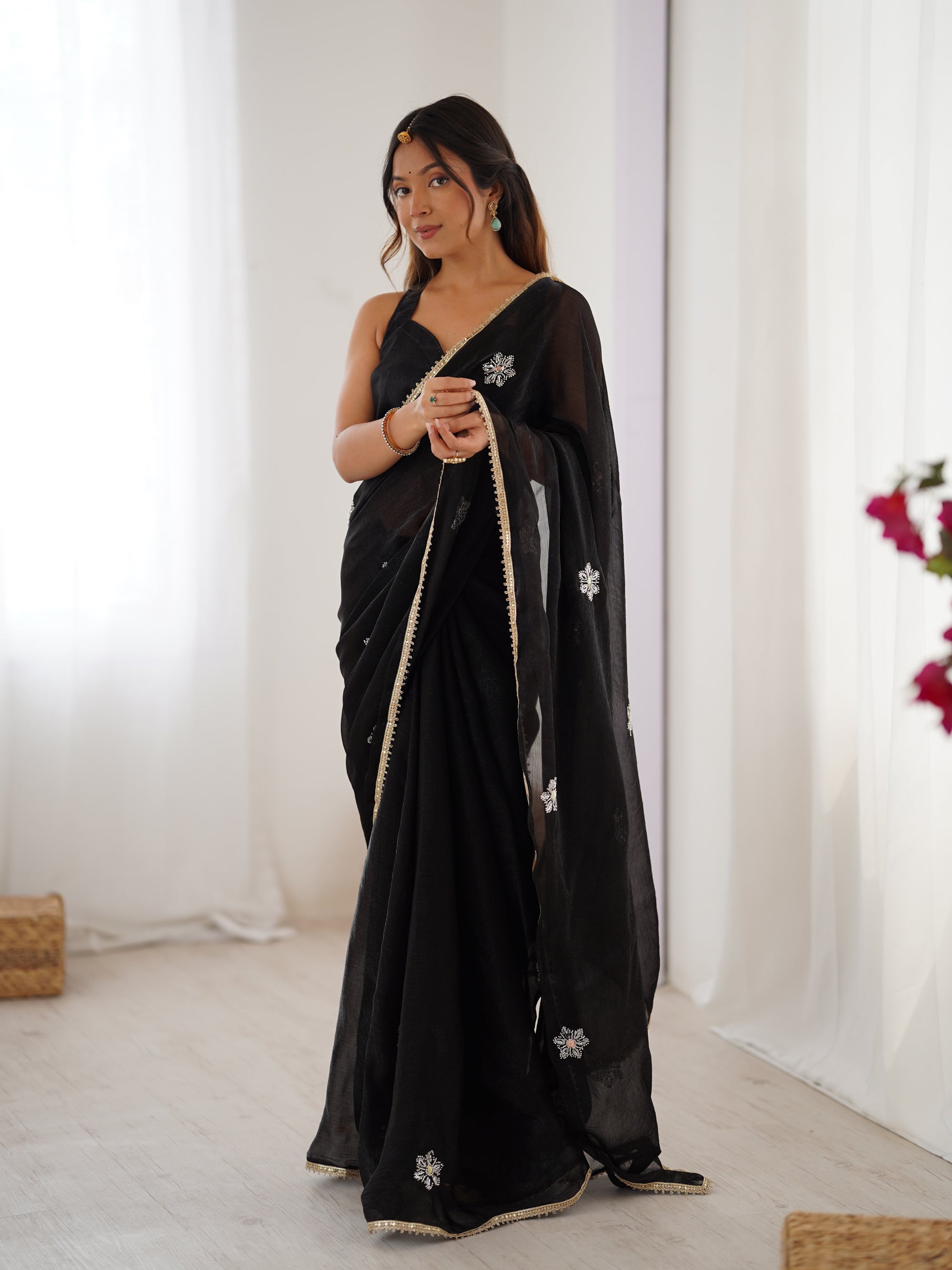 Black Fendy Party Wear Saree | Designer Beads Moti & Val Sequin Embroidery