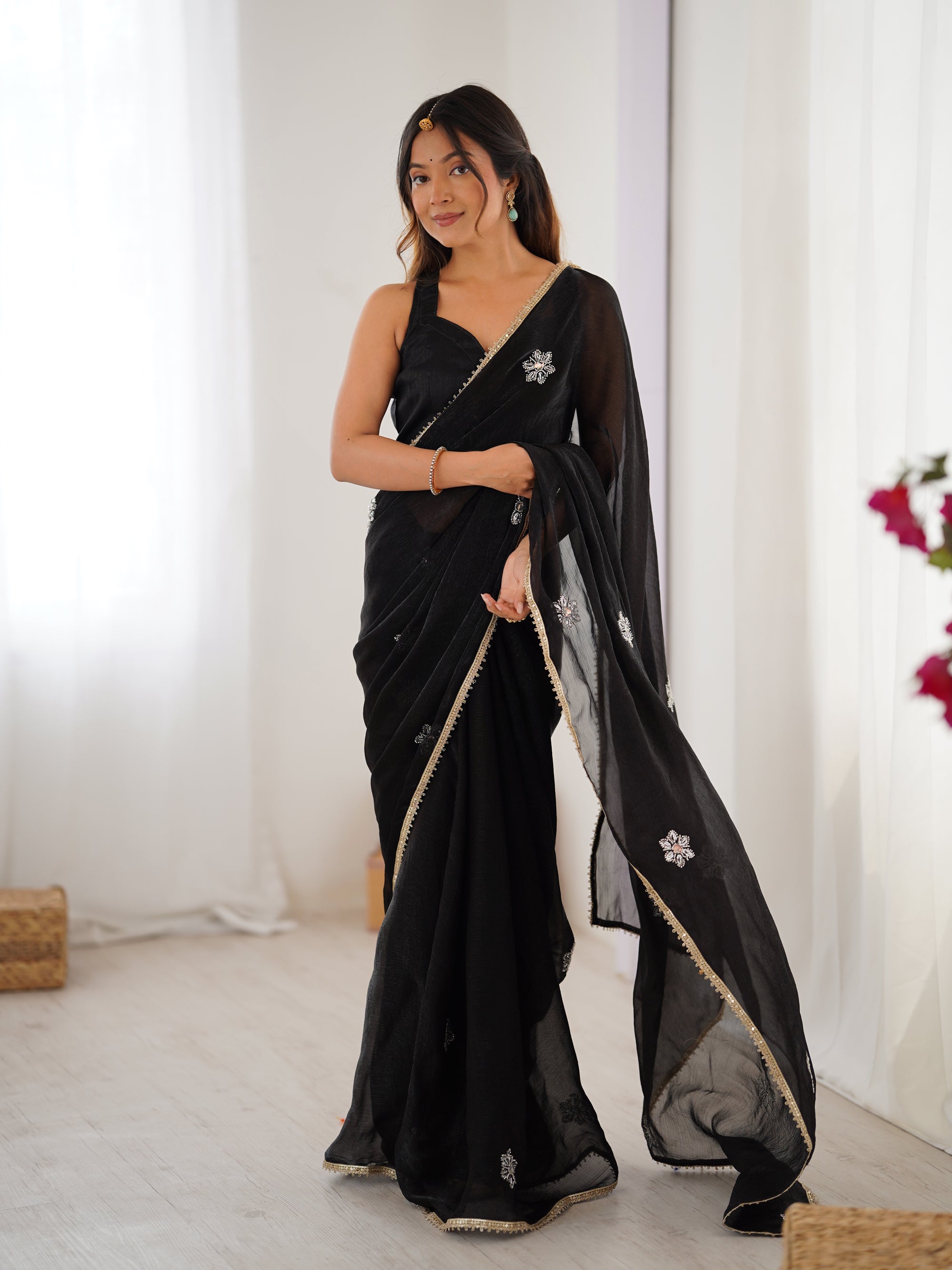 Black Fendy Party Wear Saree | Designer Beads Moti & Val Sequin Embroidery