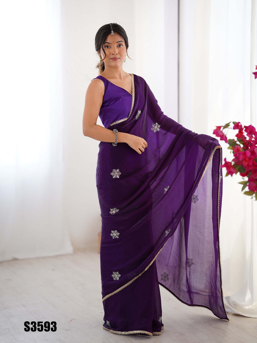 Purple Fendy Party Wear Saree | Designer Beads Moti & Val Sequin Embroidery