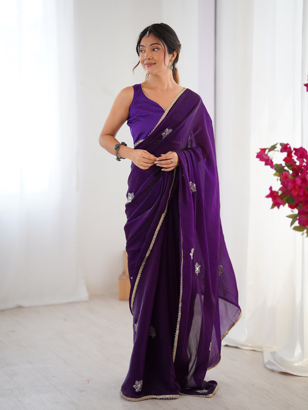 Purple Fendy Party Wear Saree | Designer Beads Moti & Val Sequin Embroidery