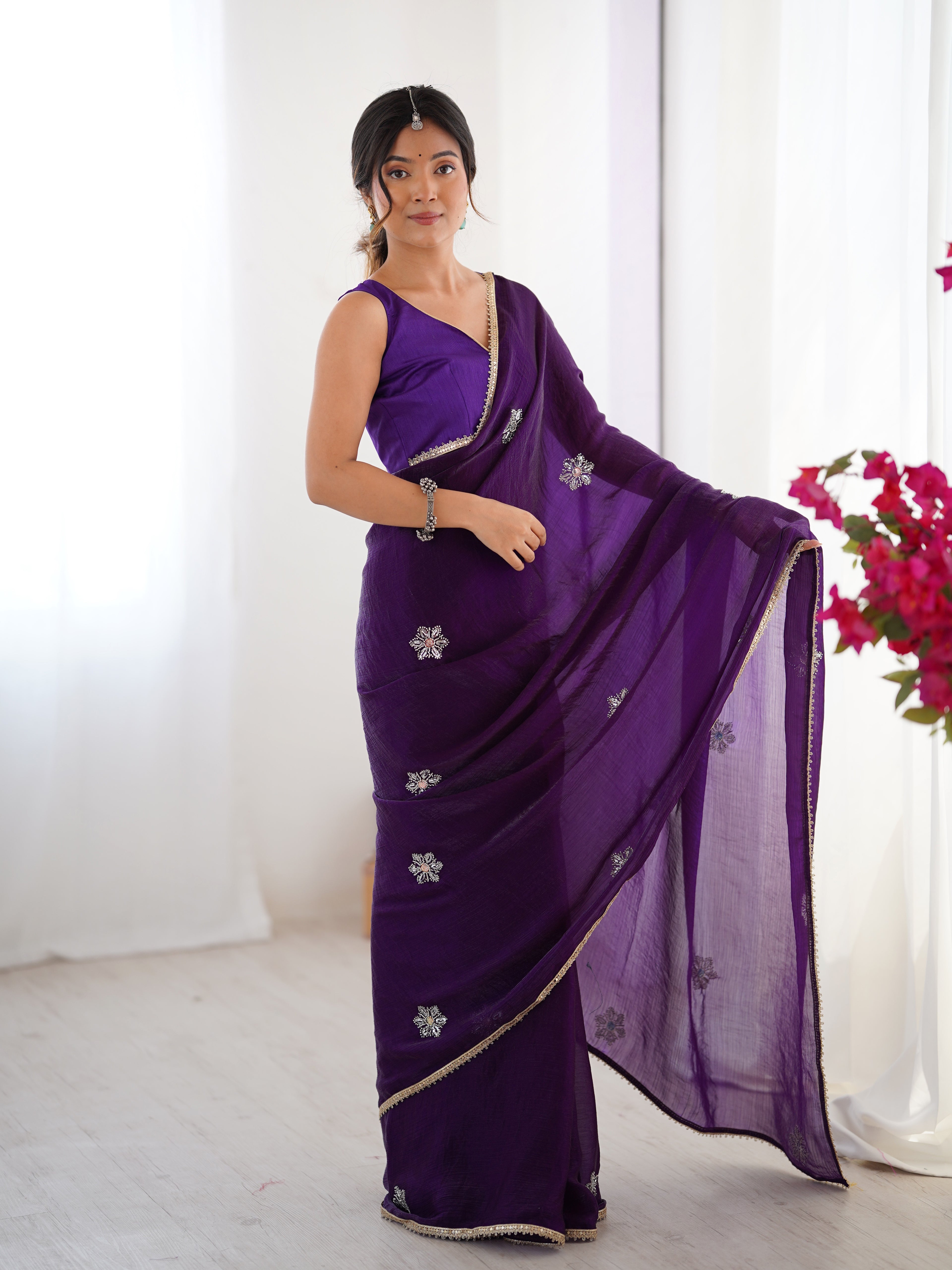 Purple Fendy Party Wear Saree | Designer Beads Moti & Val Sequin Embroidery