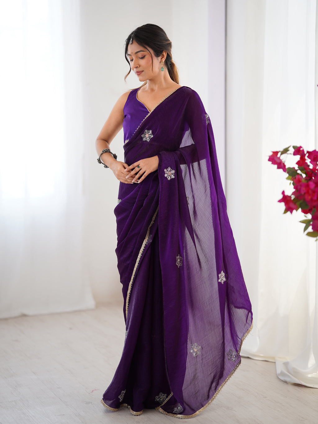 Purple Fendy Party Wear Saree | Designer Beads Moti & Val Sequin Embroidery