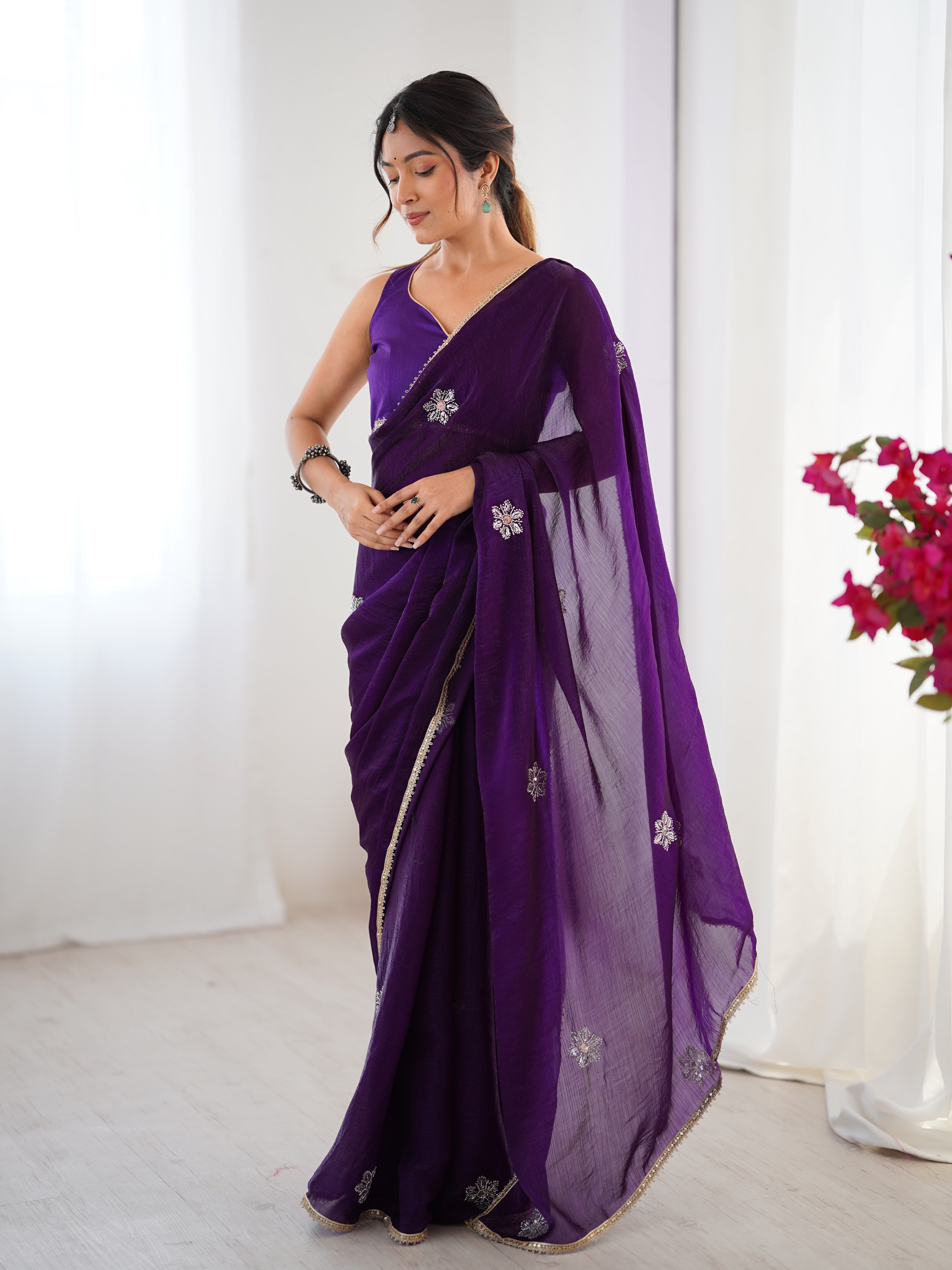 Purple Fendy Party Wear Saree | Designer Beads Moti & Val Sequin Embroidery