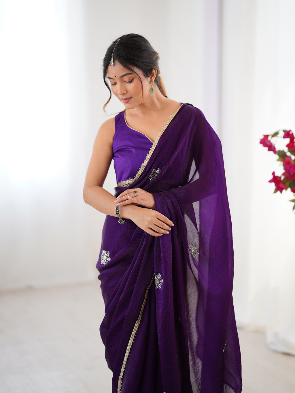 Purple Fendy Party Wear Saree | Designer Beads Moti & Val Sequin Embroidery