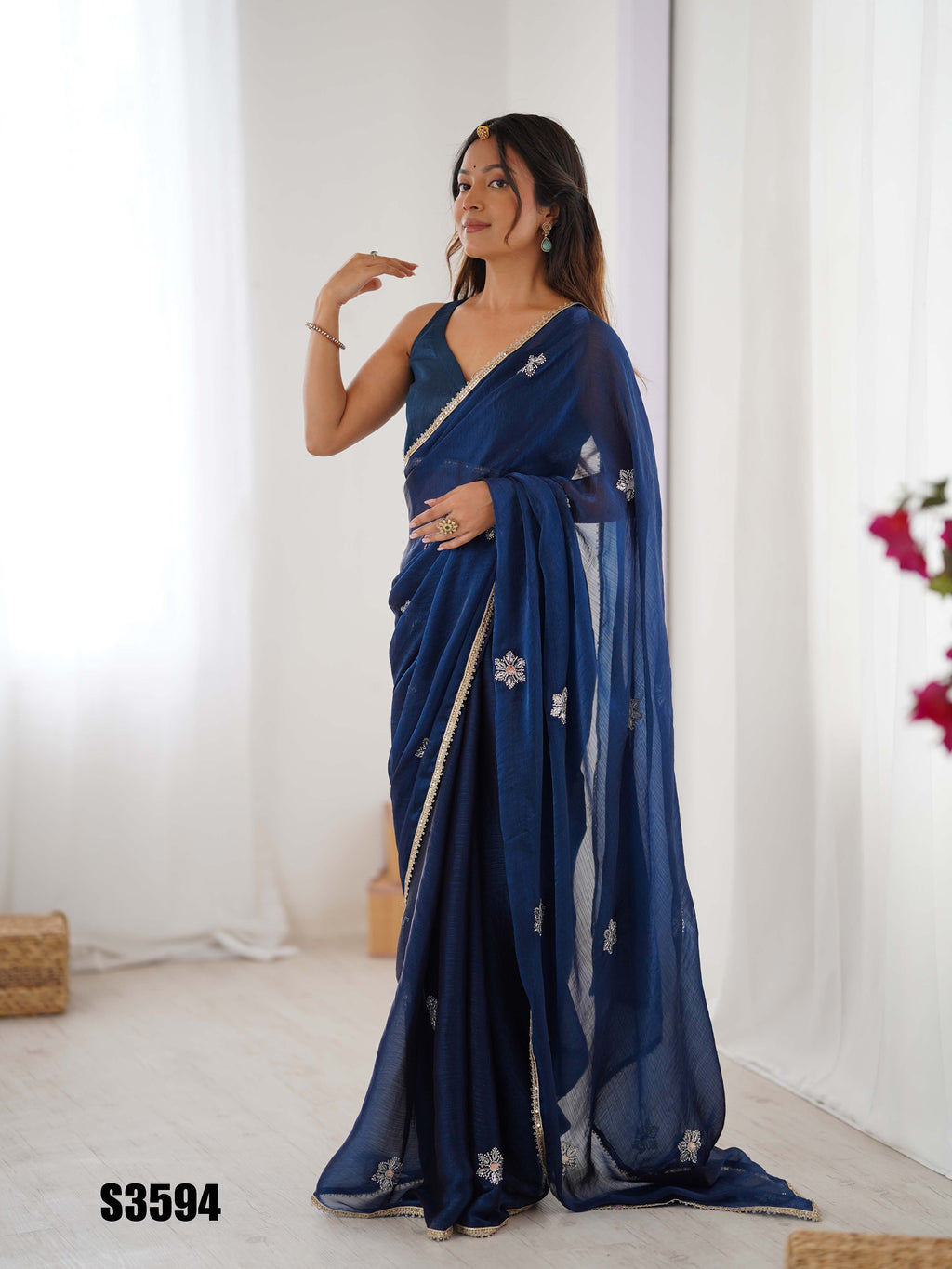 Petrol Fendy Party Wear Saree | Designer Beads Moti & Val Sequin Embroidery