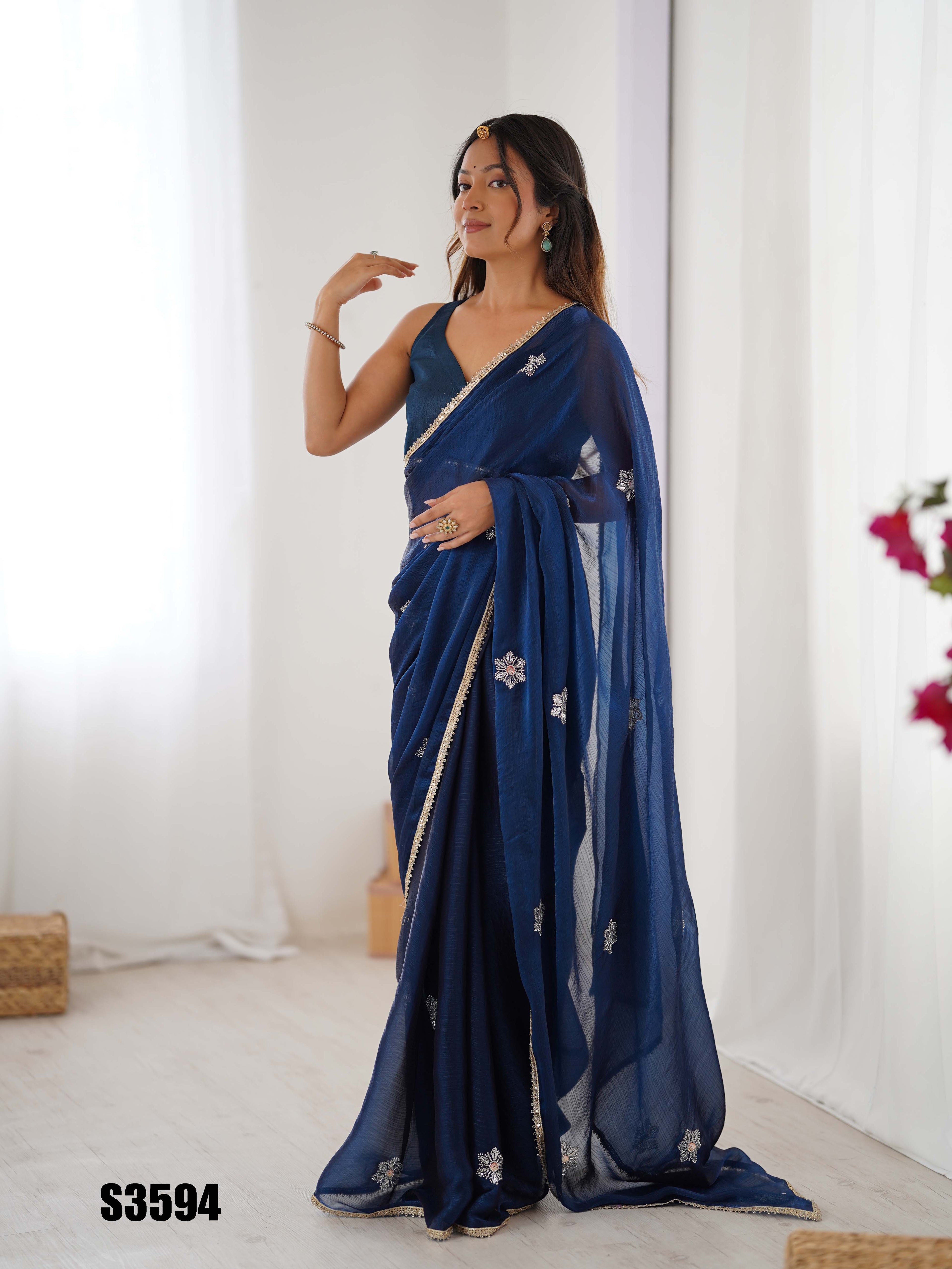 Petrol Fendy Party Wear Saree | Designer Beads Moti & Val Sequin Embroidery