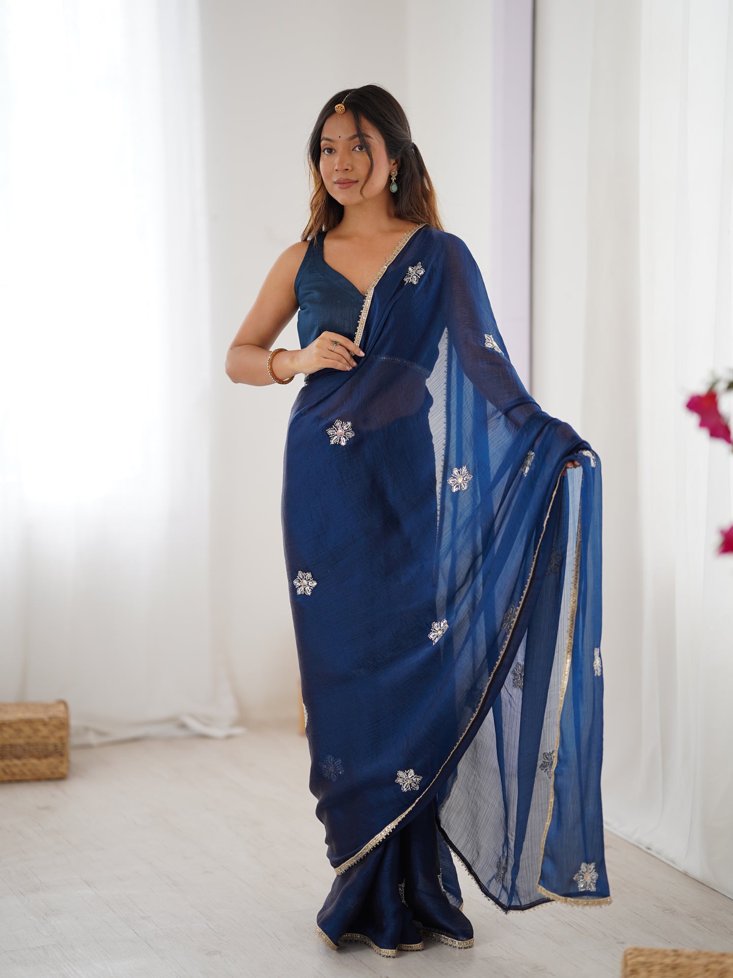 Petrol Fendy Party Wear Saree | Designer Beads Moti & Val Sequin Embroidery