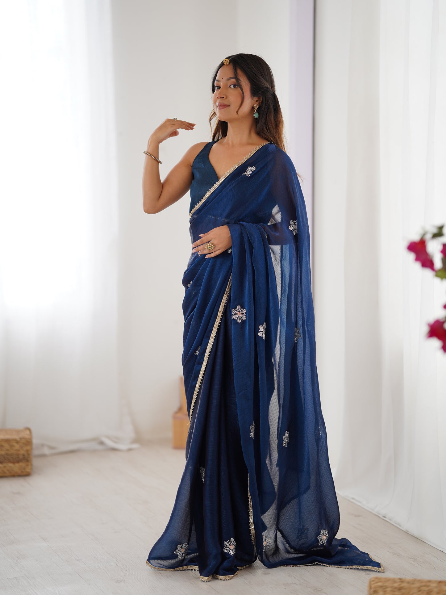 Petrol Fendy Party Wear Saree | Designer Beads Moti & Val Sequin Embroidery