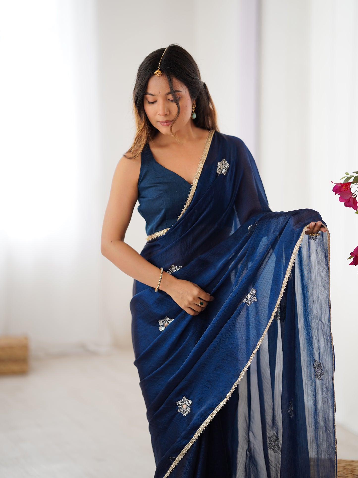 Petrol Fendy Party Wear Saree | Designer Beads Moti & Val Sequin Embroidery