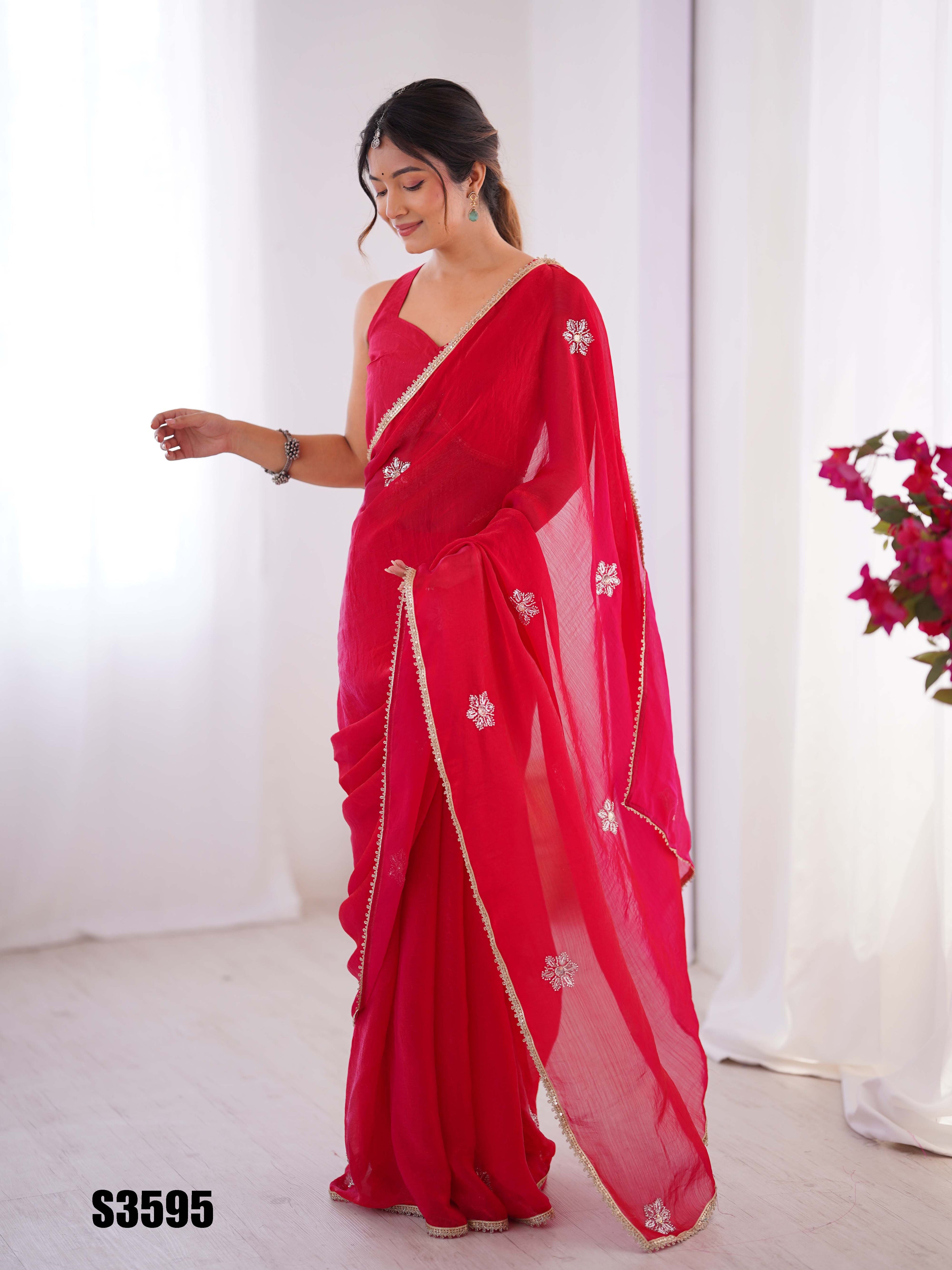 Red Fendy Party Wear Saree | Designer Beads Moti & Val Sequin Embroidery