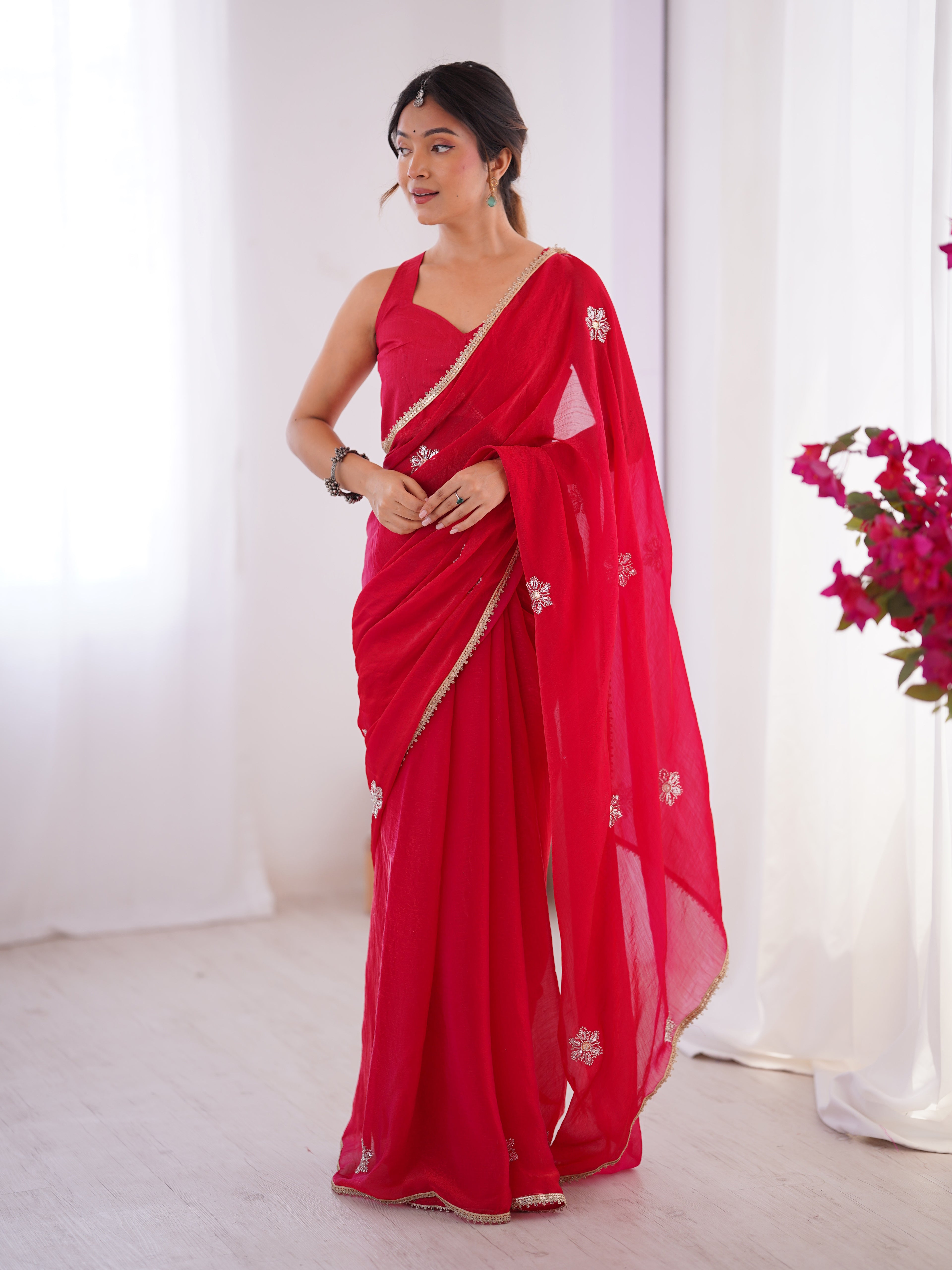 Red Fendy Party Wear Saree | Designer Beads Moti & Val Sequin Embroidery
