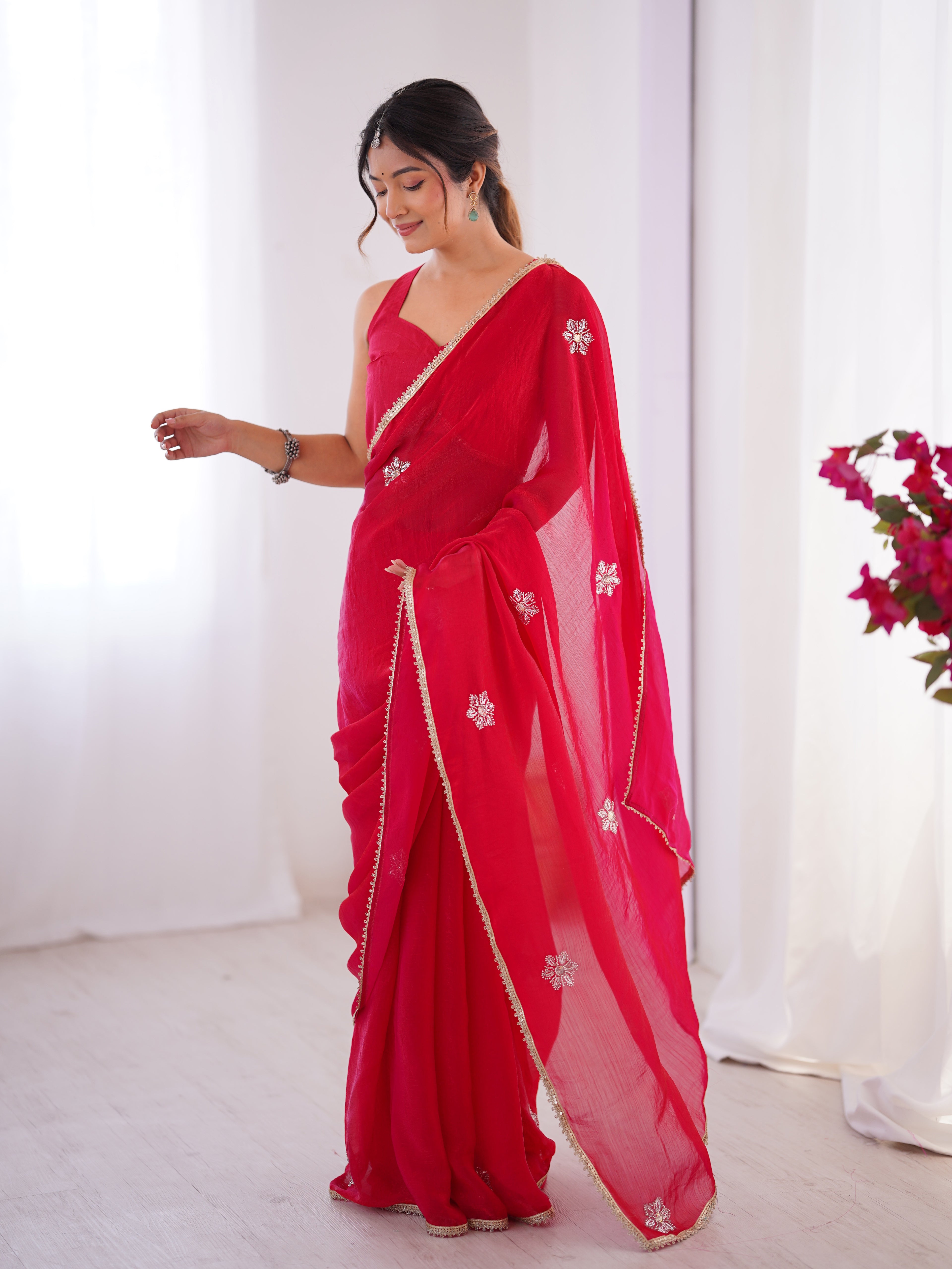 Red Fendy Party Wear Saree | Designer Beads Moti & Val Sequin Embroidery