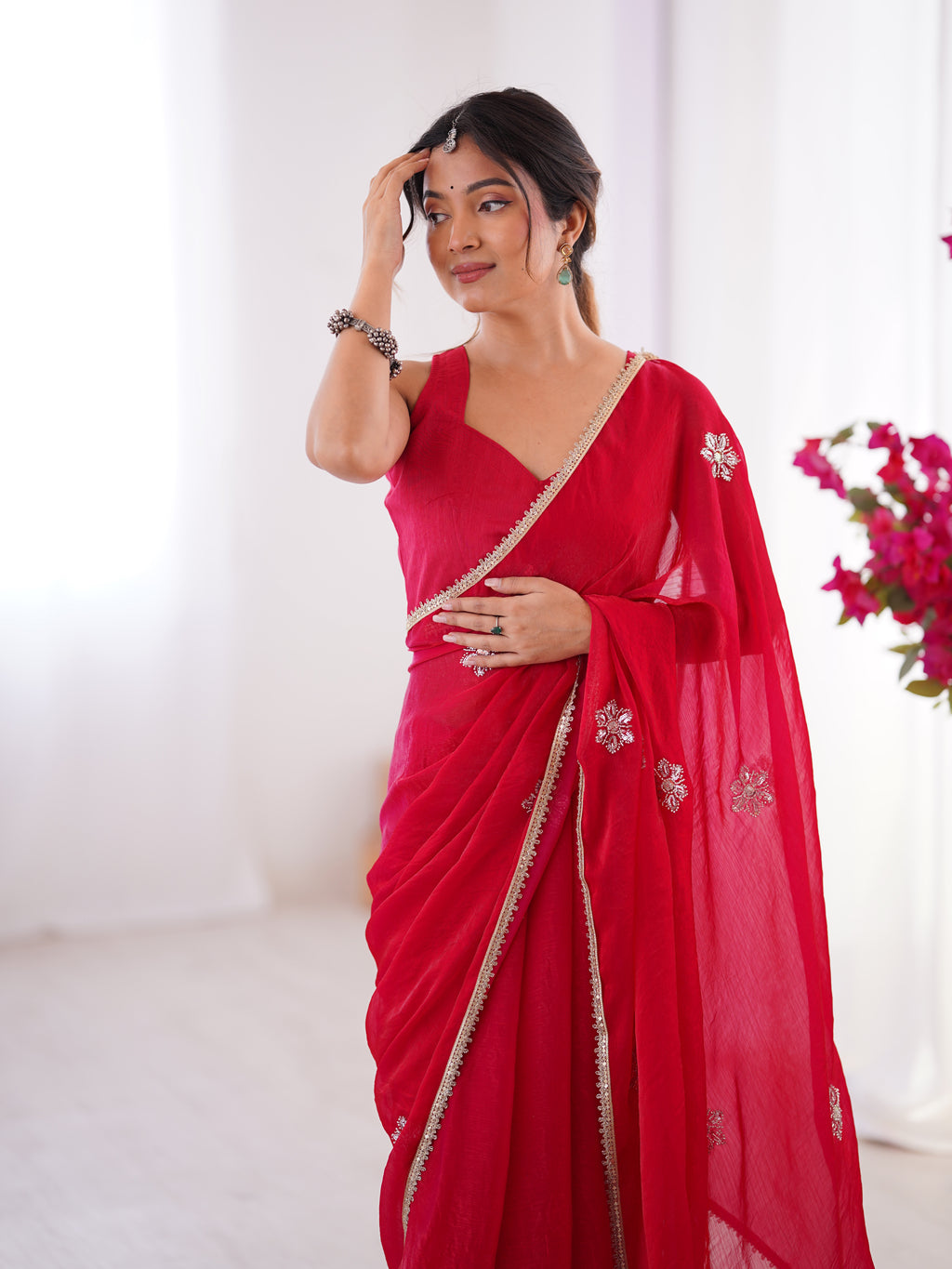 Red Fendy Party Wear Saree | Designer Beads Moti & Val Sequin Embroidery