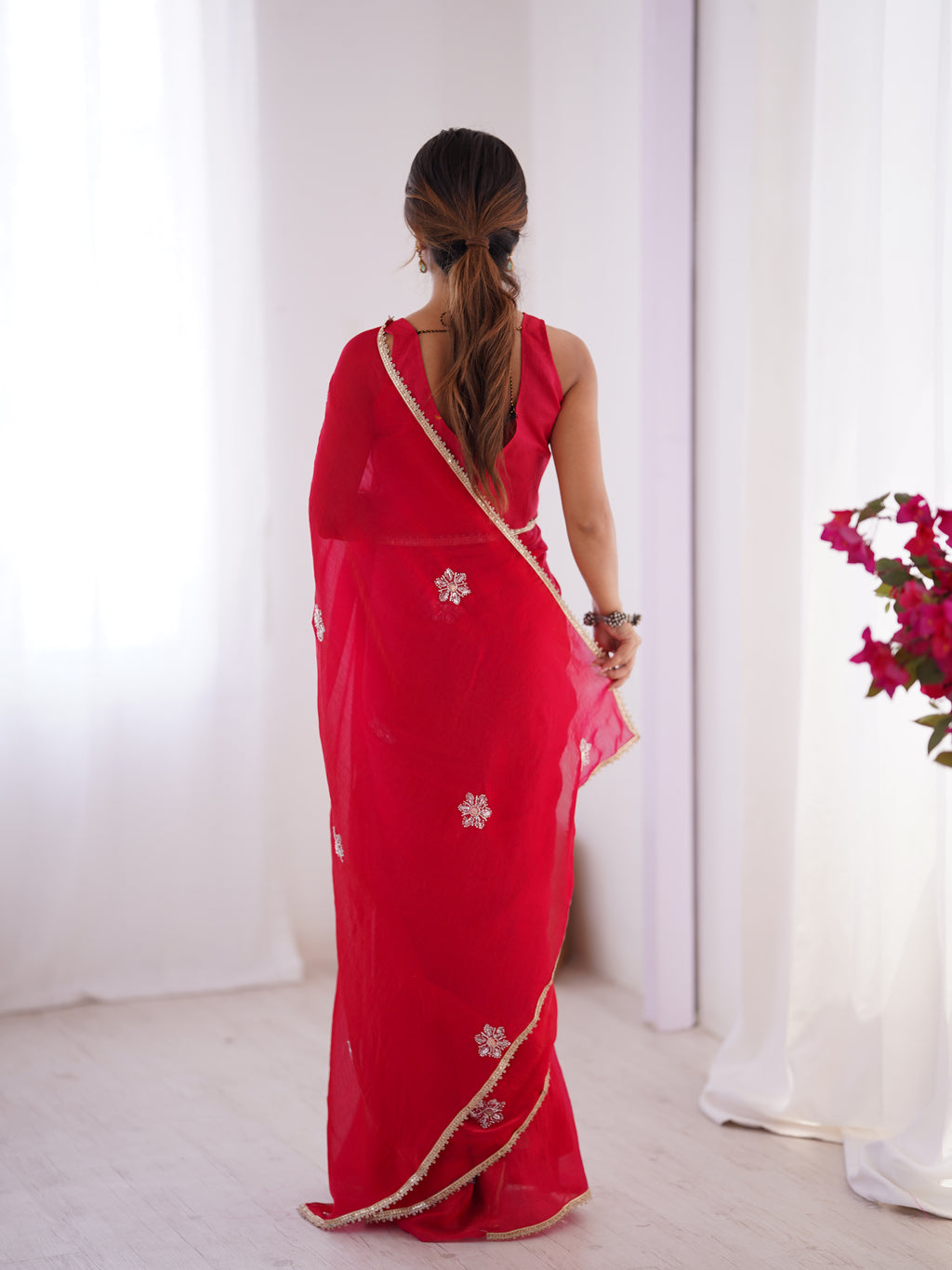 Red Fendy Party Wear Saree | Designer Beads Moti & Val Sequin Embroidery