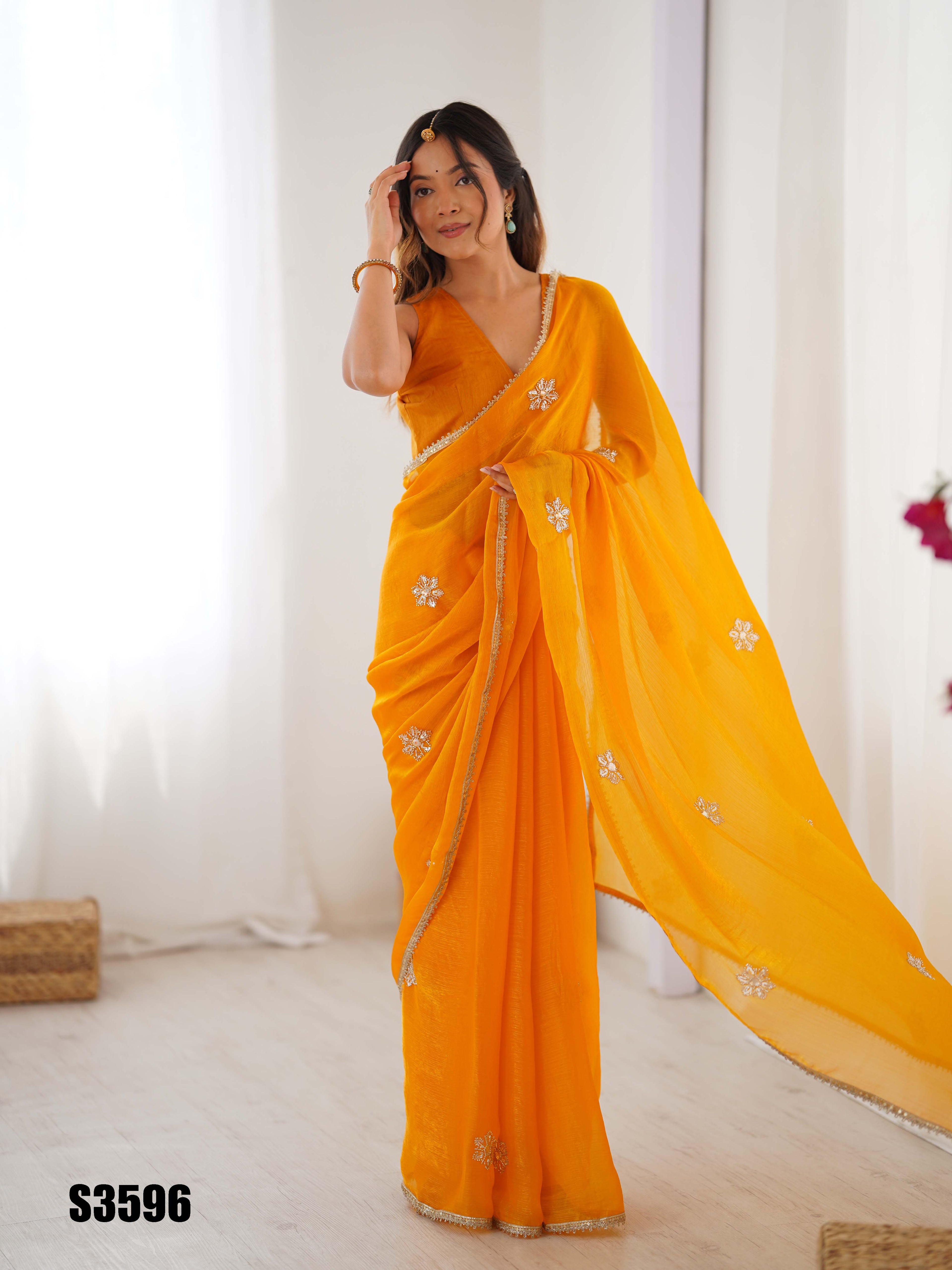 Yellow Fendy Party Wear Saree | Designer Beads Moti & Val Sequin Embroidery