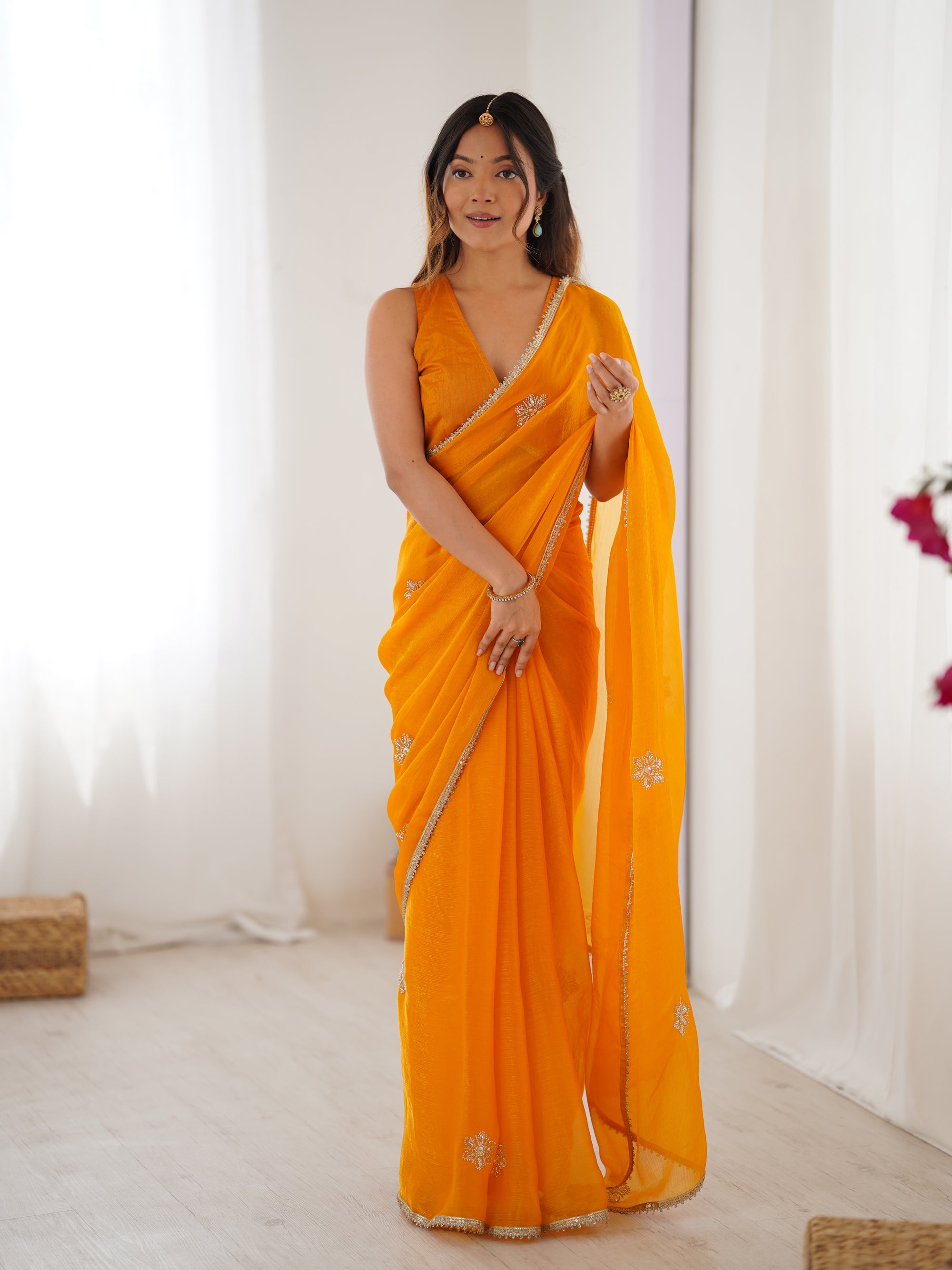 Yellow Fendy Party Wear Saree | Designer Beads Moti & Val Sequin Embroidery