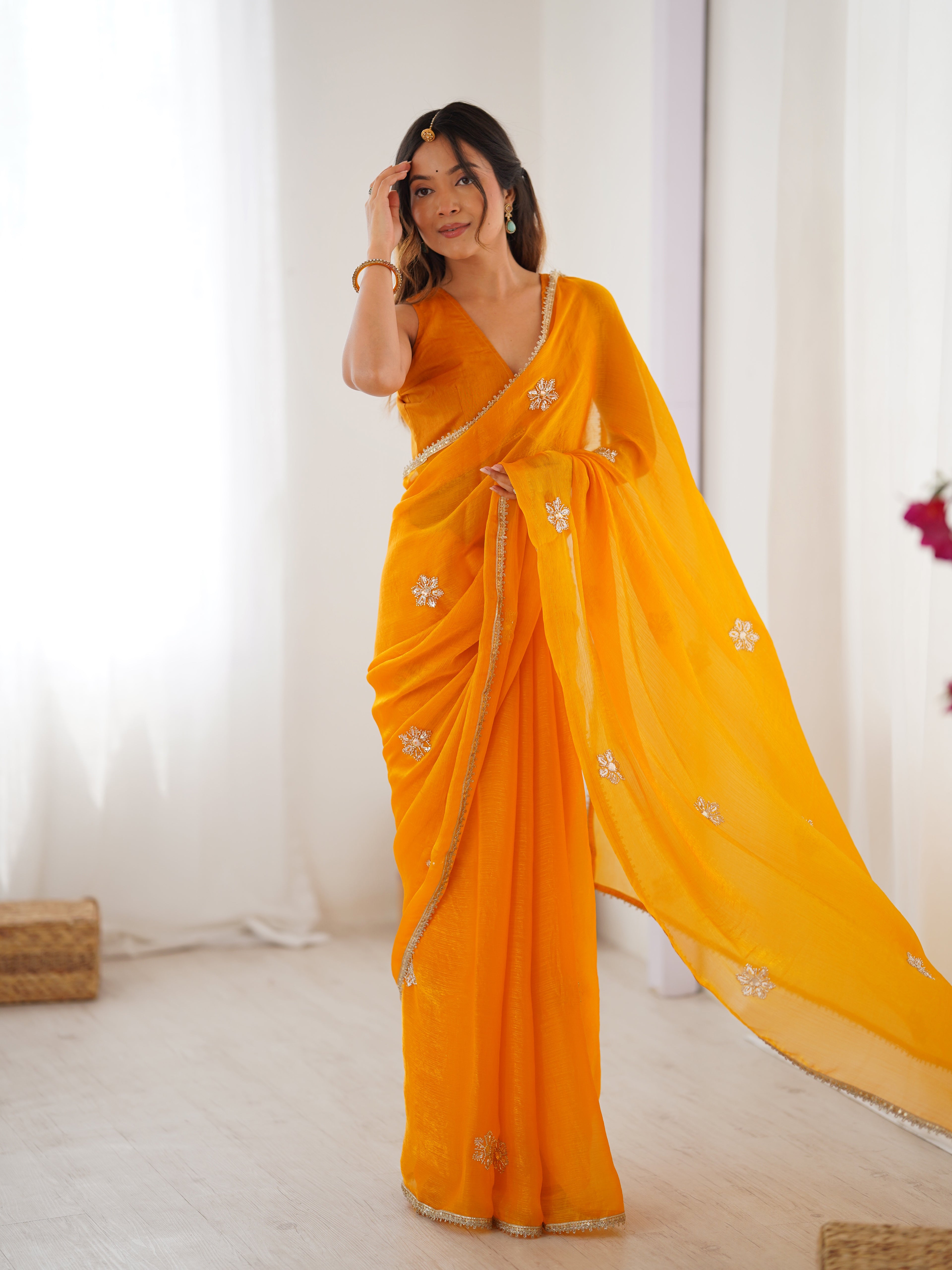 Yellow Fendy Party Wear Saree | Designer Beads Moti & Val Sequin Embroidery