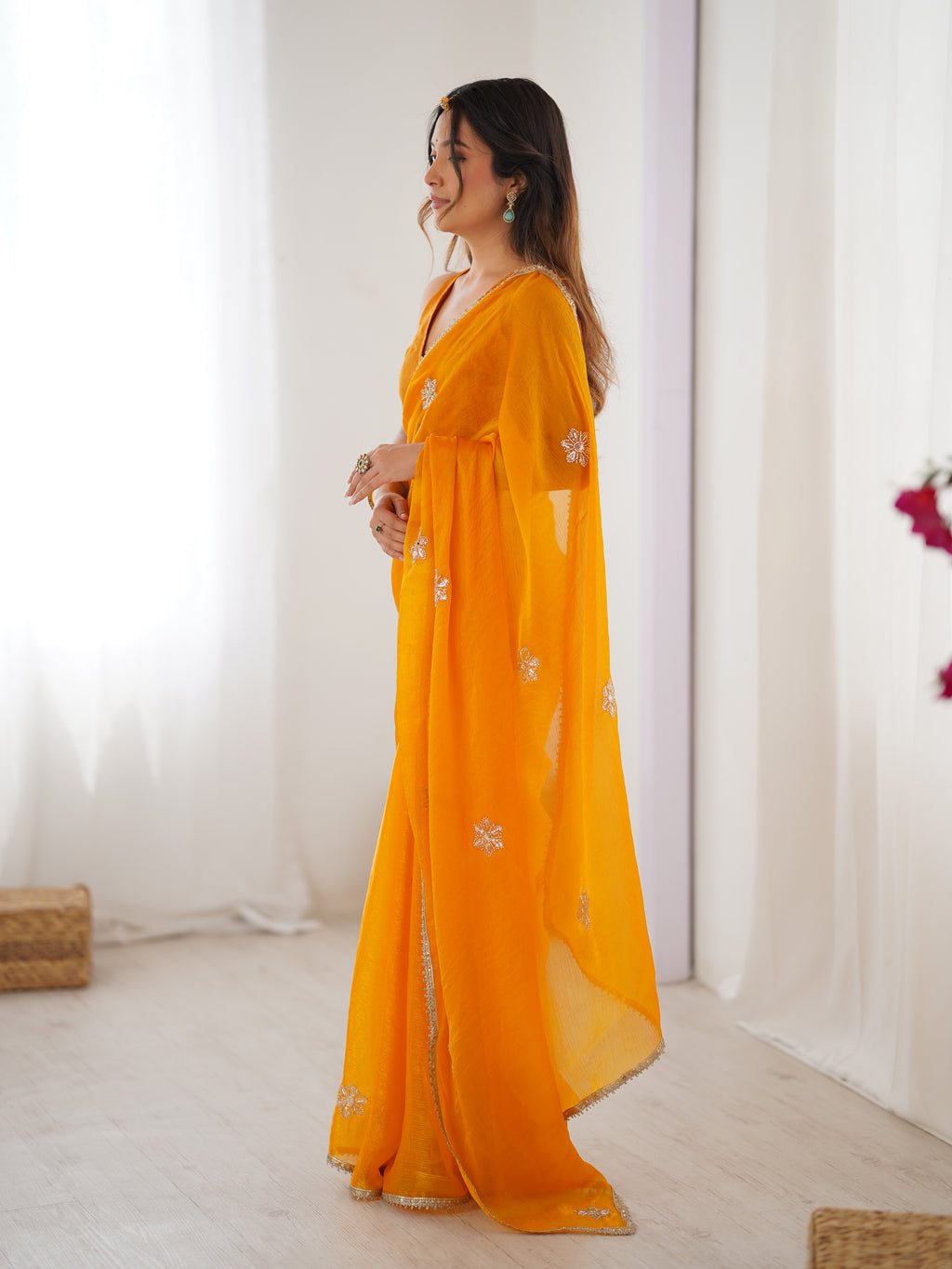 Yellow Fendy Party Wear Saree | Designer Beads Moti & Val Sequin Embroidery