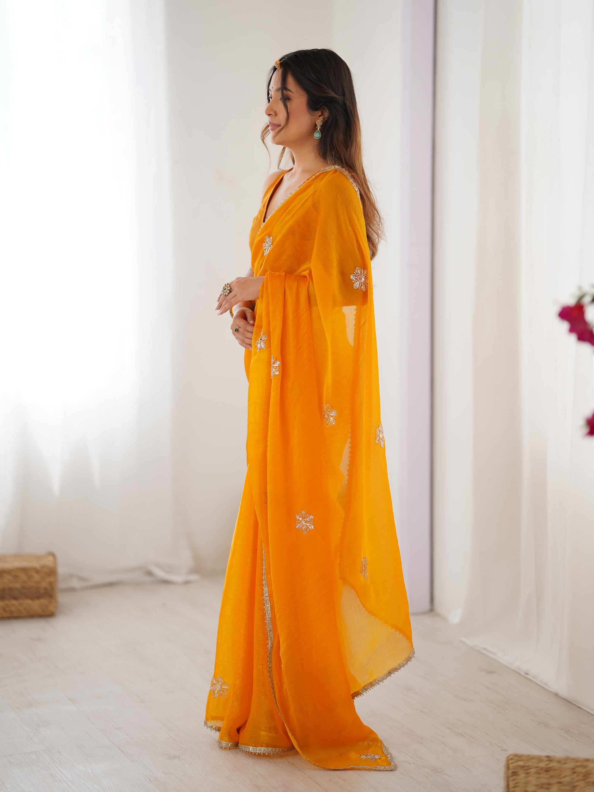 Yellow Fendy Party Wear Saree | Designer Beads Moti & Val Sequin Embroidery