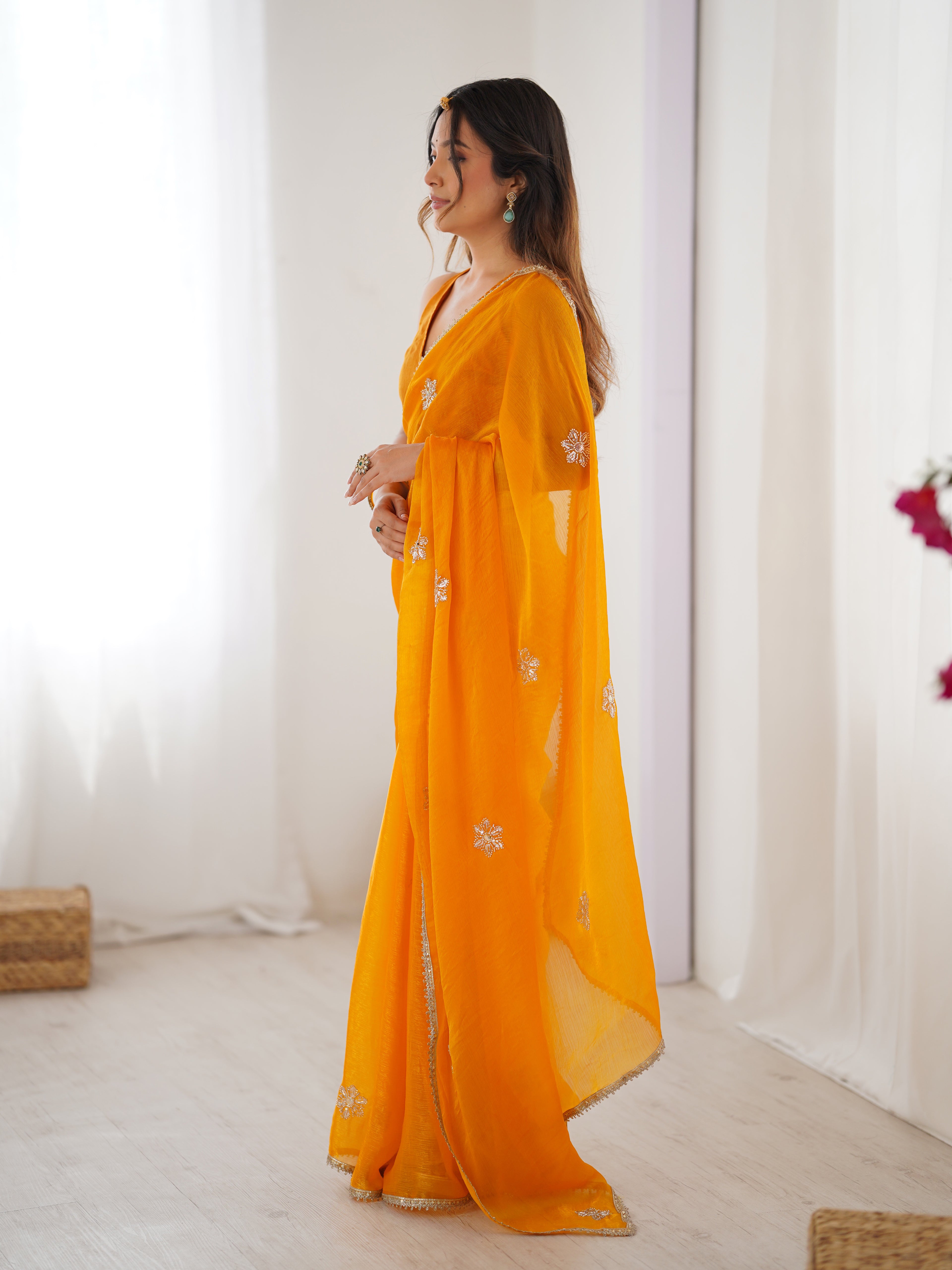 Yellow Fendy Party Wear Saree | Designer Beads Moti & Val Sequin Embroidery