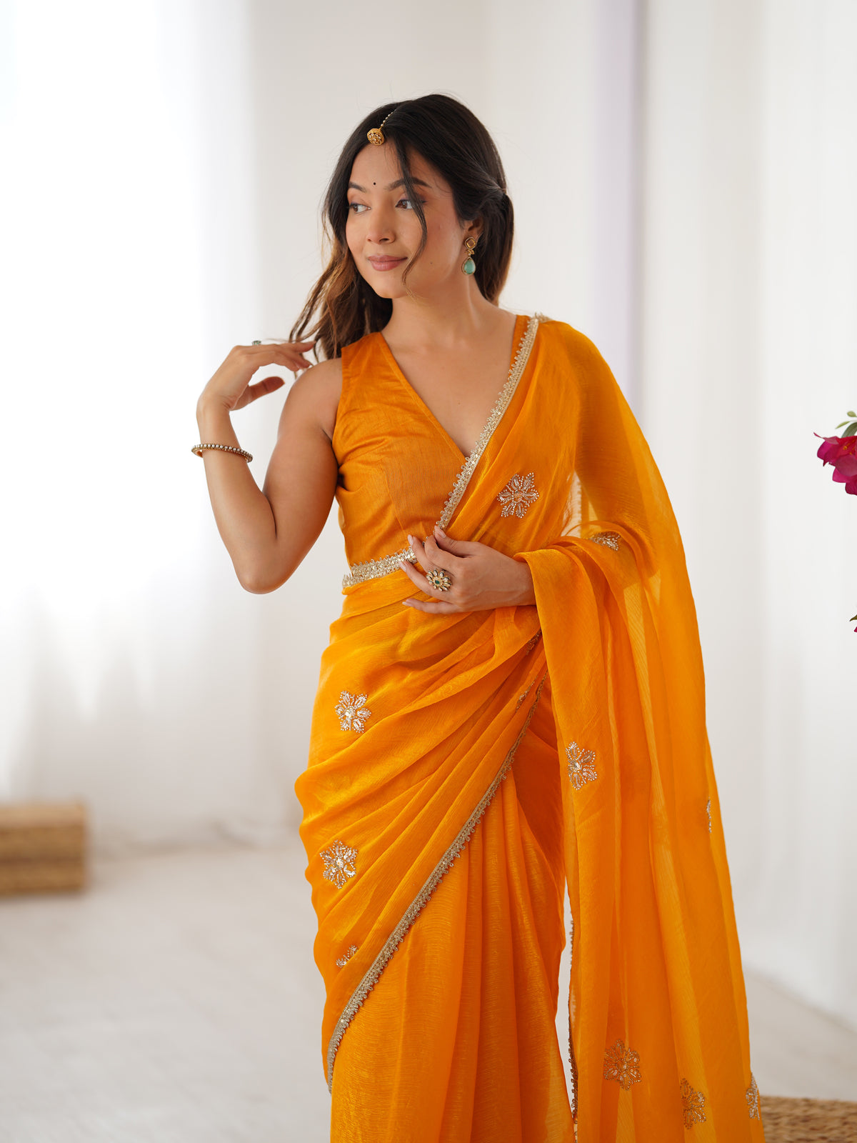 Yellow Fendy Party Wear Saree | Designer Beads Moti & Val Sequin Embroidery