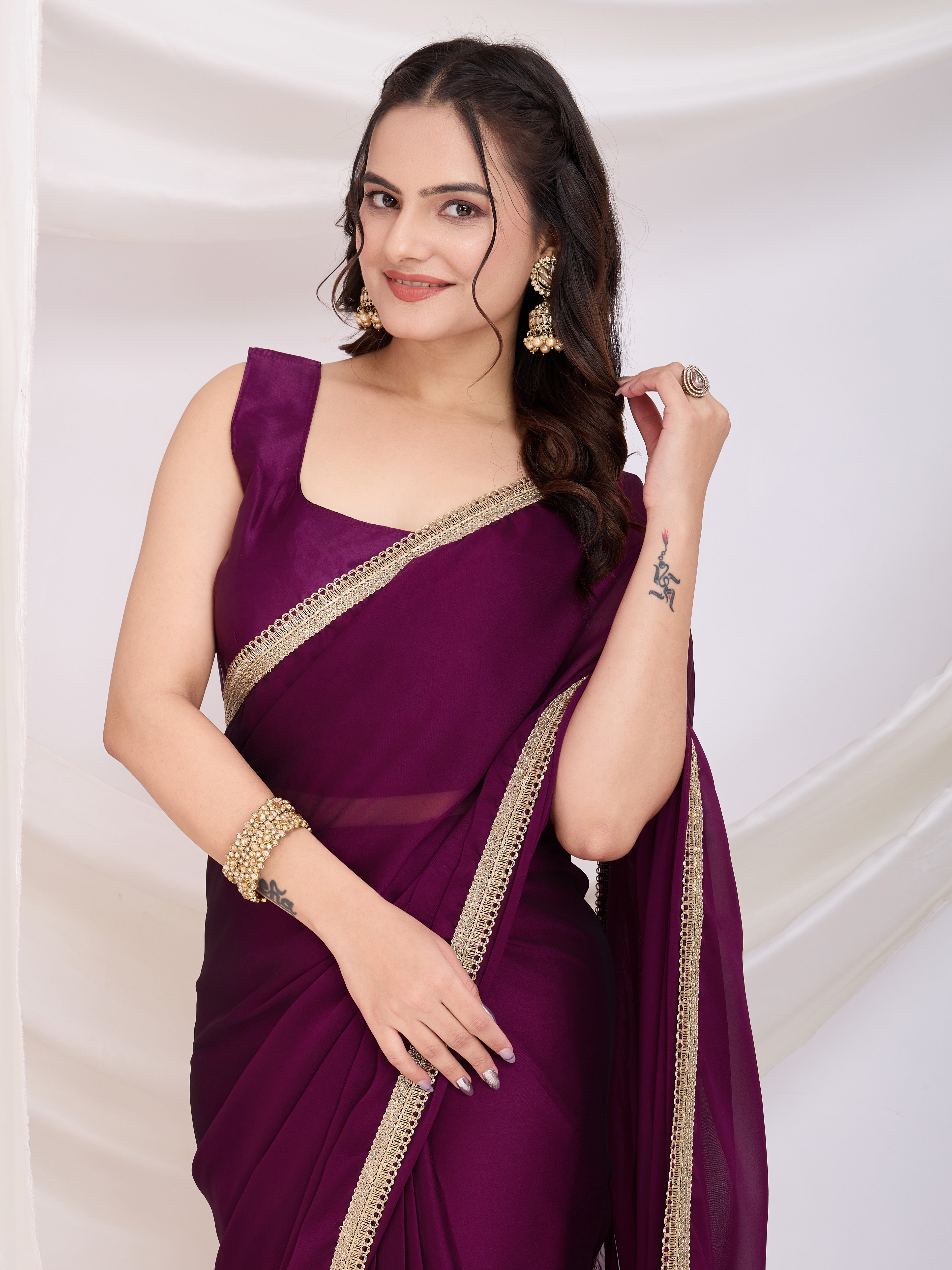 Purple Elegance Rangoli Silk Ready-to-Wear Saree | Art Silk Blouse with Lace Border