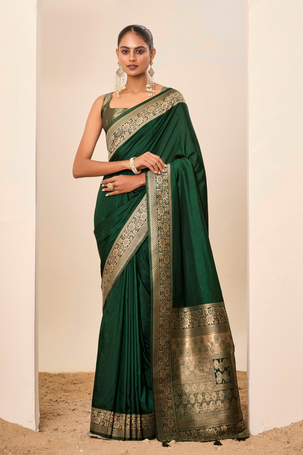 Emerald Green Dolla Silk Party Wear Saree | Wevon Jari Galla Designer Ensemble