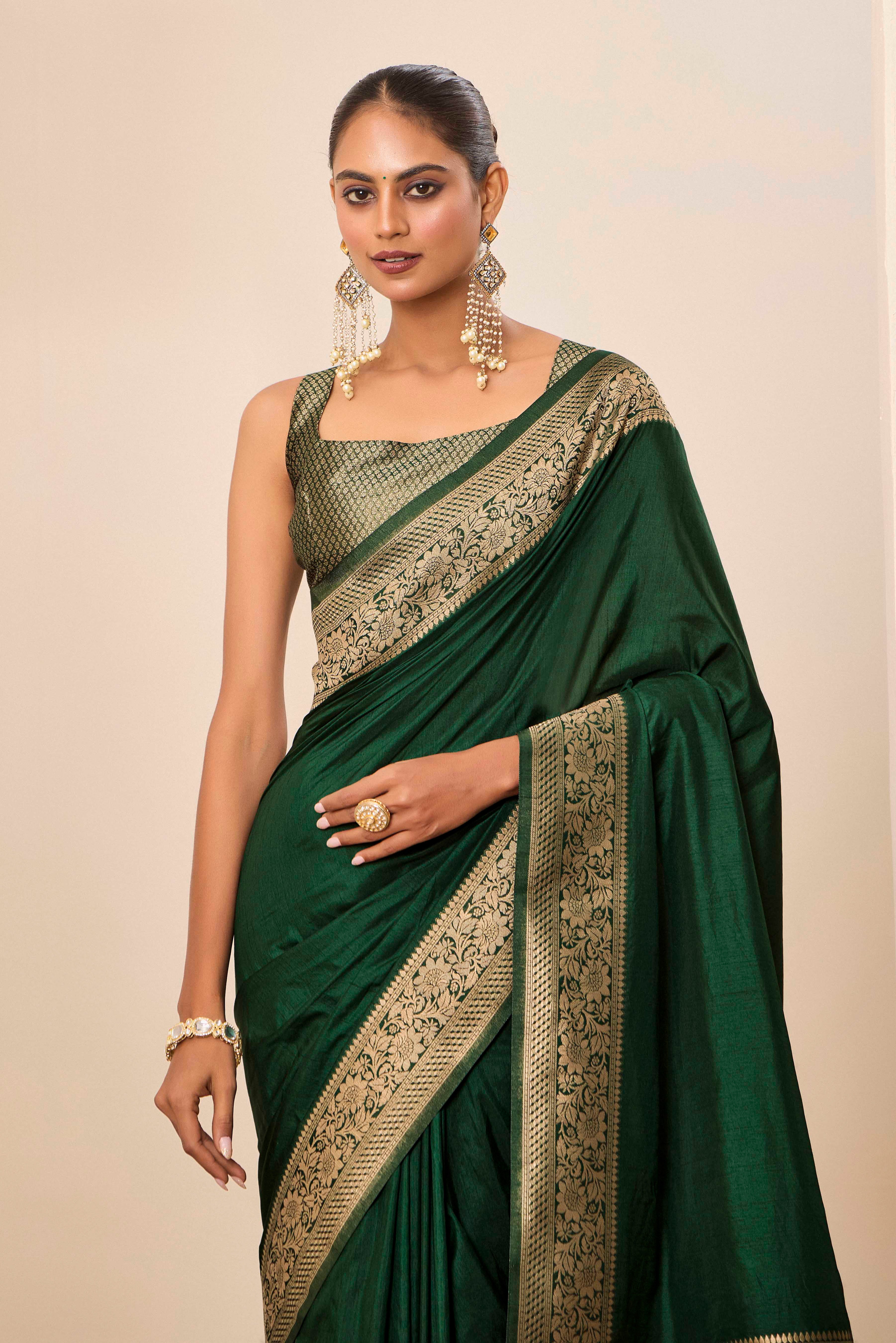 Emerald Green Dolla Silk Party Wear Saree | Wevon Jari Galla Designer Ensemble