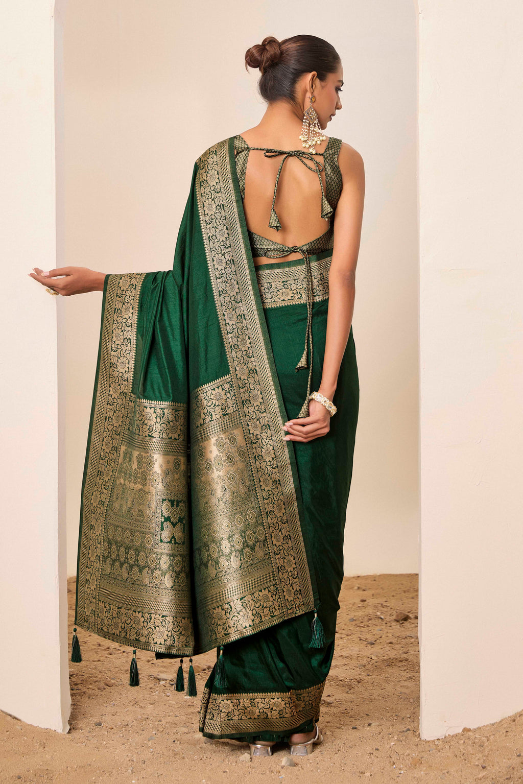 Emerald Green Dolla Silk Party Wear Saree | Wevon Jari Galla Designer Ensemble